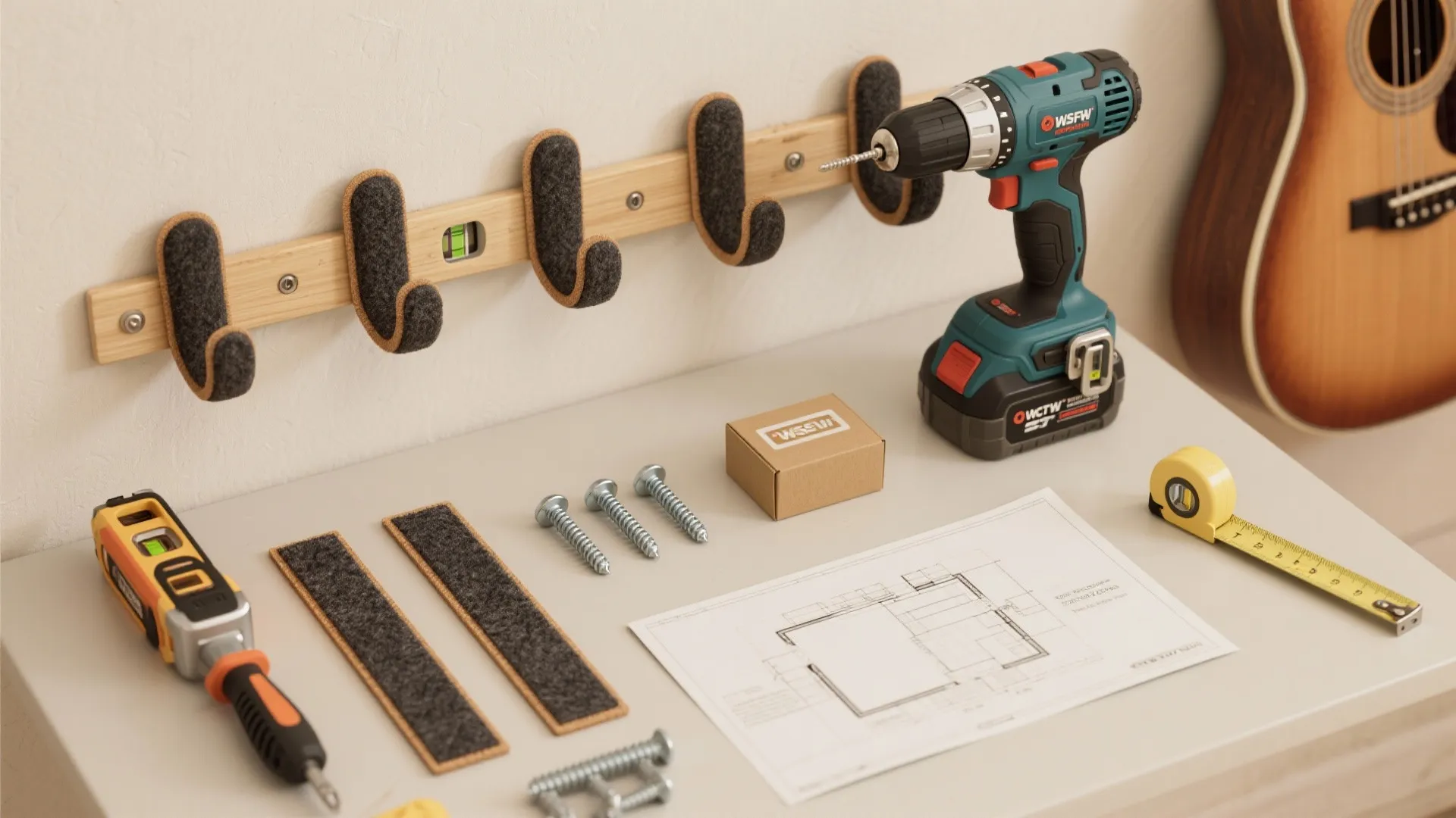 Power drill plus screws and measuring tape next to floor plan layout on white table