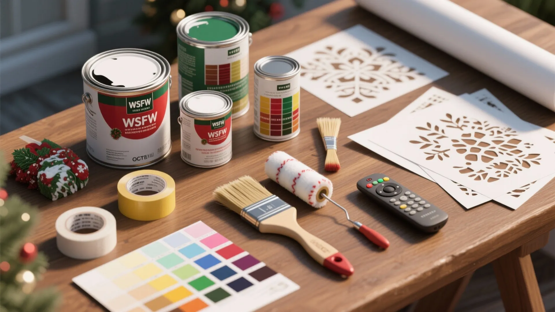 Top-down flatlay of painting tools and materials for holiday façade projects.