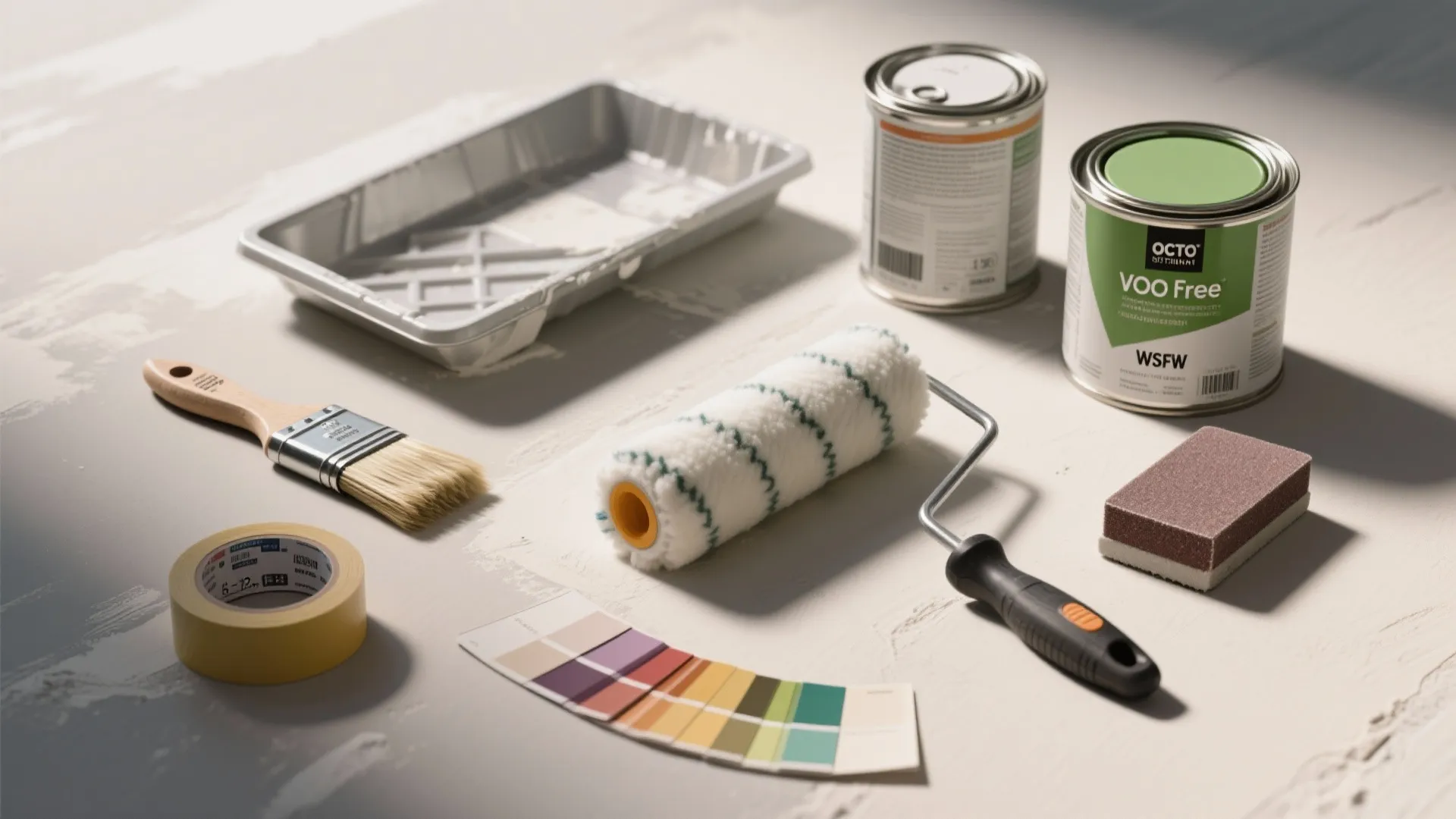 Essential wall painting tools including paint cans paint roller brush color swatches tray and masking tape