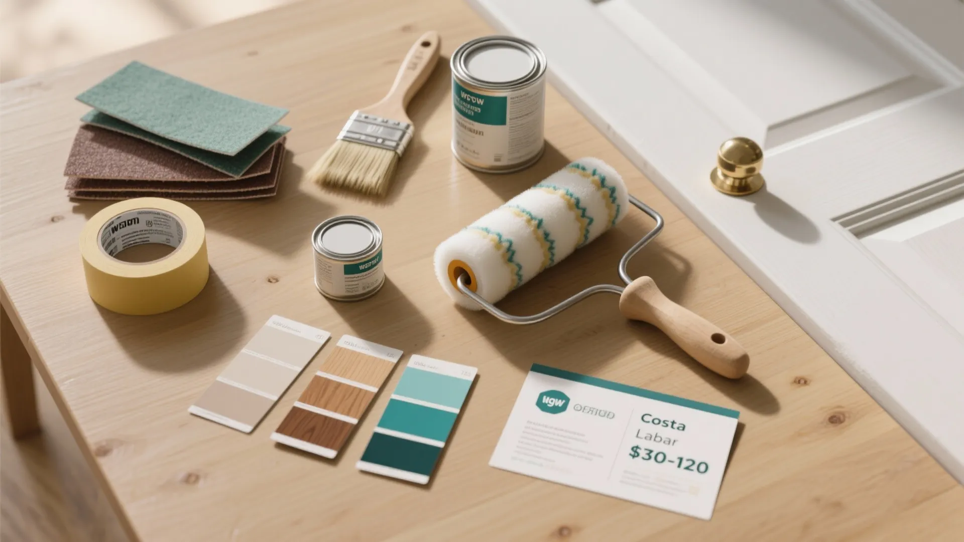 Top-down flatlay of painting tools, swatches, and a small cost guide illustrating typical labor ranges for door painting.