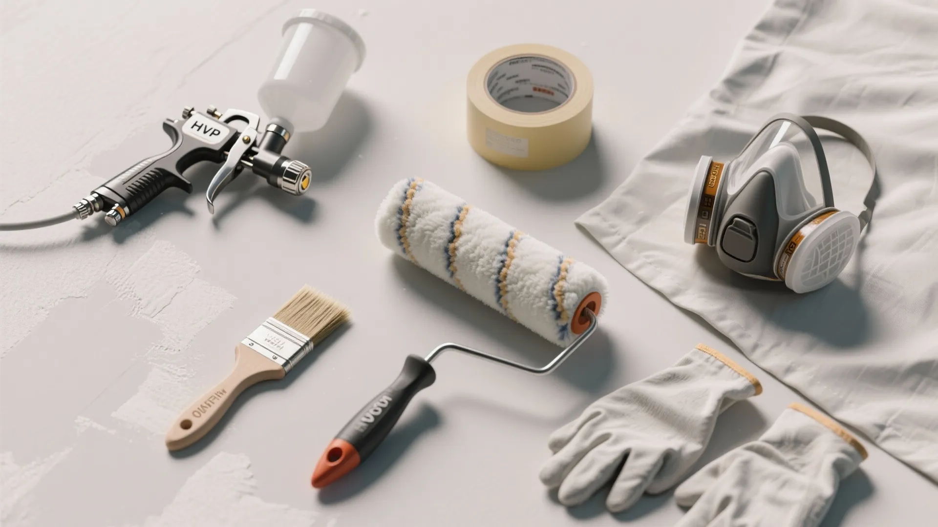 Flatlay of painting tools including roller, angled brush and a small HVLP sprayer with masking supplies