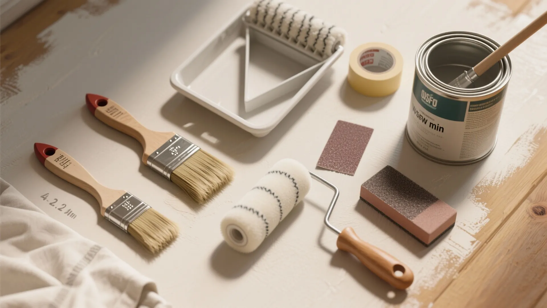 Collection of house painting tools including brushes paint rollers tape sandpaper and an open paint can