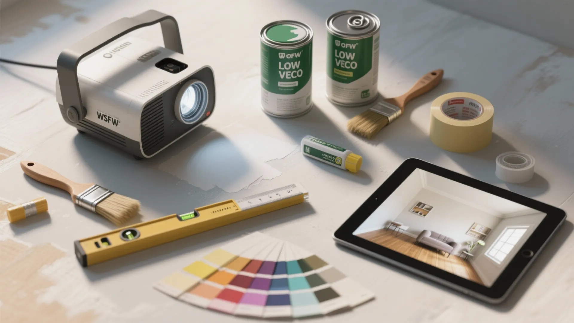 Home renovation tools including paint cans brushes level and tablet showing interior design drawing room