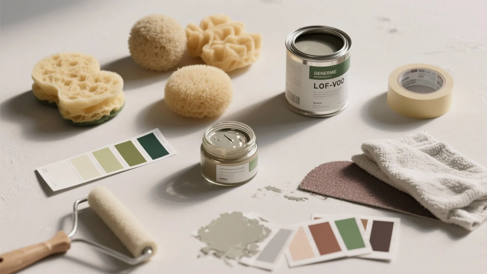 Flat lay of painting tools including roller paint can color swatches tape sponges and sandpaper sheets