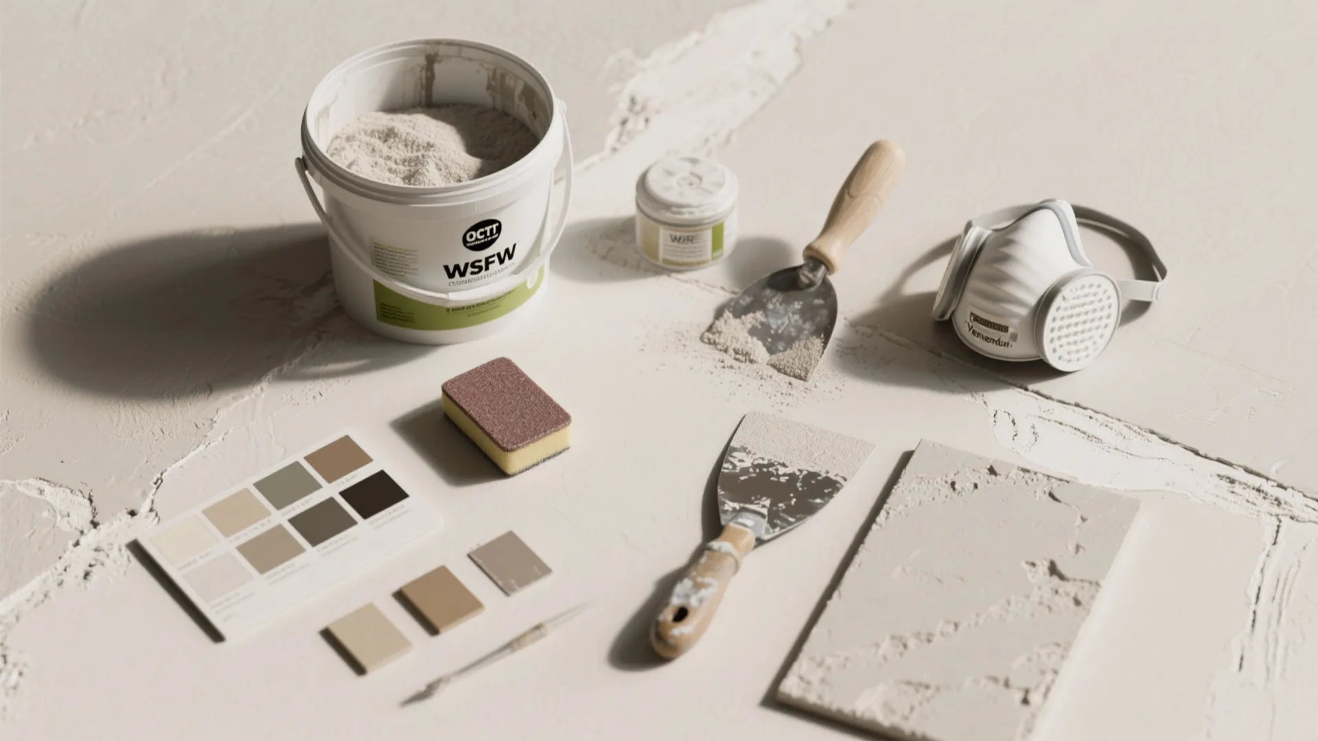 Wall repair tools including plaster bucket color samples hand scrapers sponge and protective face mask