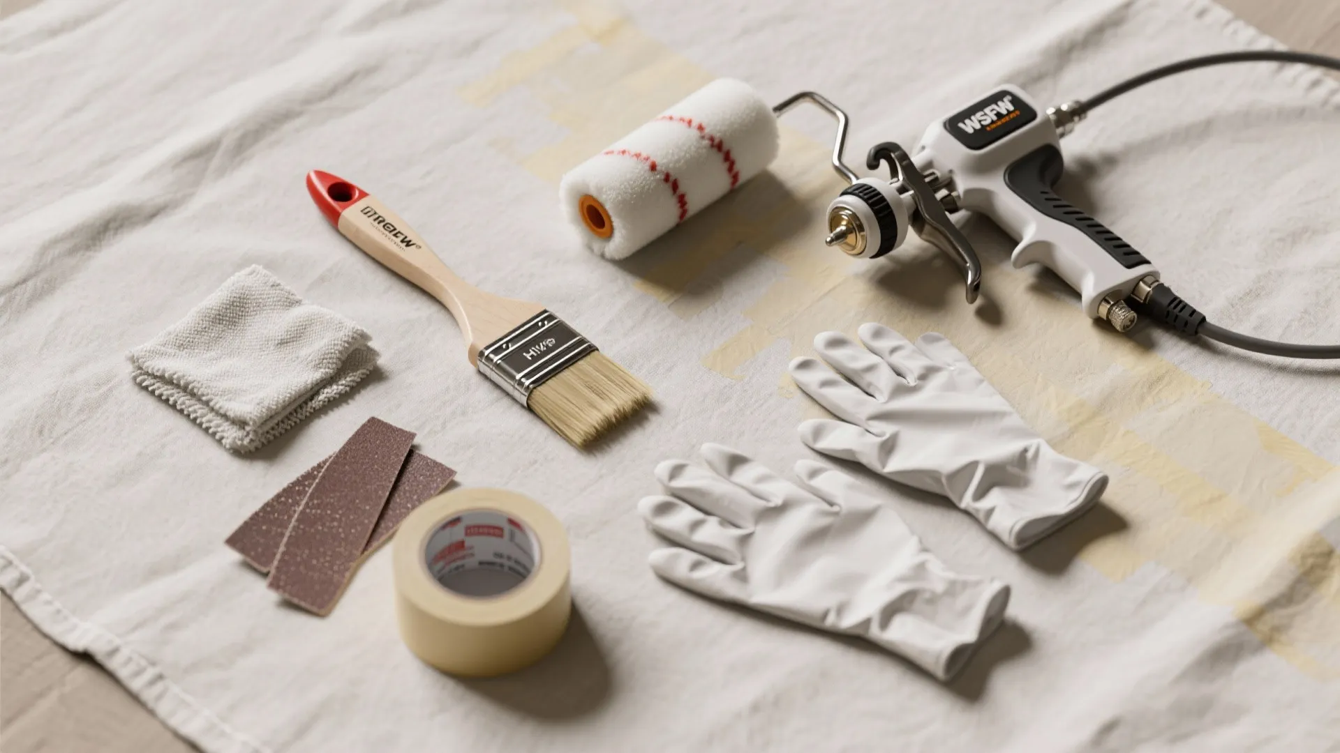 Assorted home painting tools including brush roller spray gun gloves tape and sandpaper on cloth