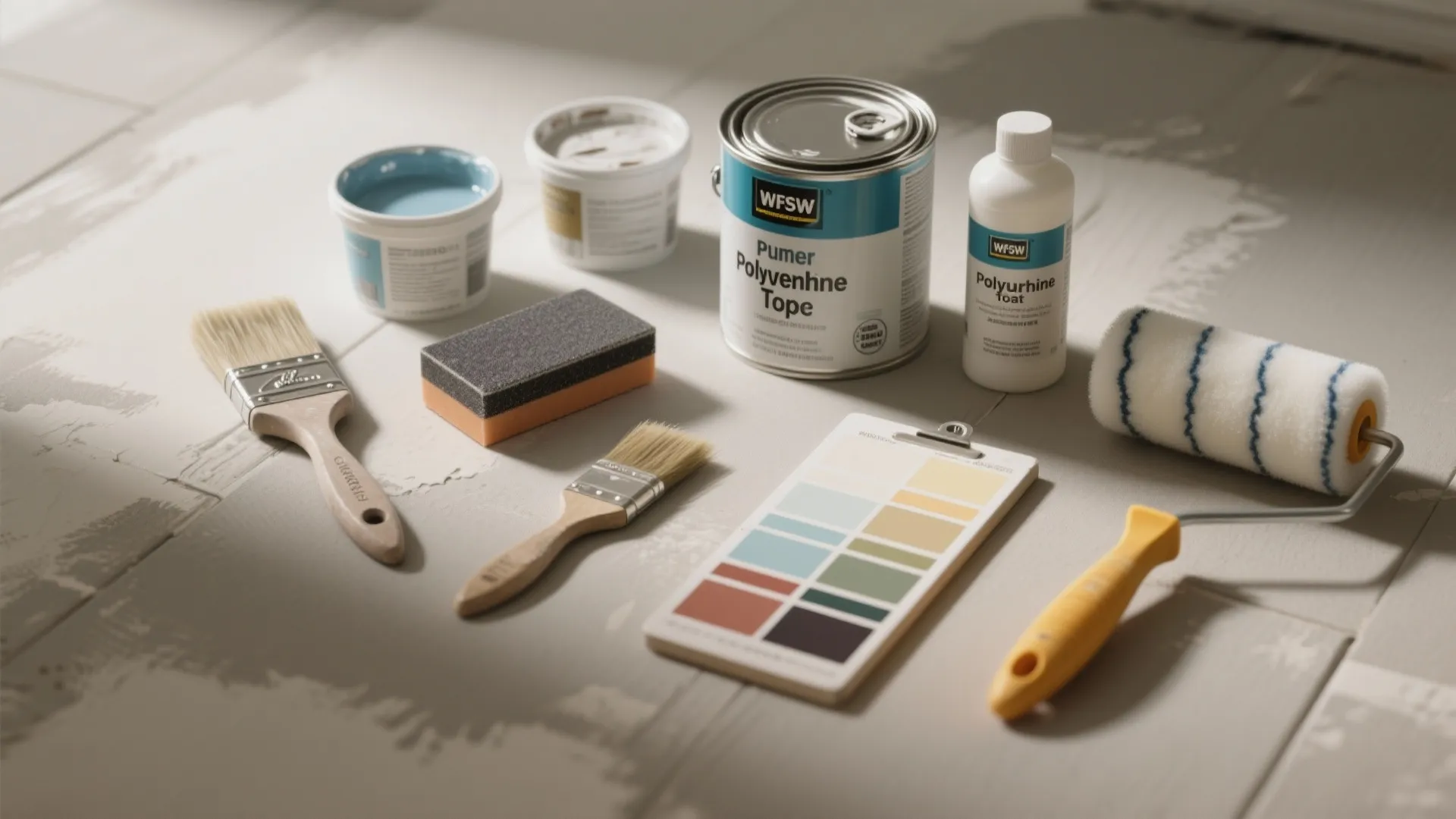 Painting tools including paint cans brushes rollers and a color palette on a light floor