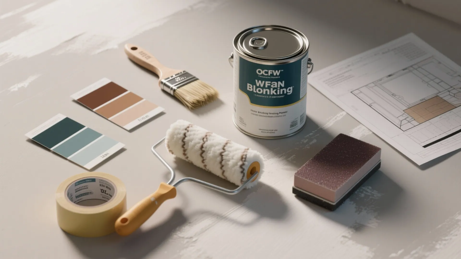 Paint can with brush roller tape and color swatches on table next to design drawing