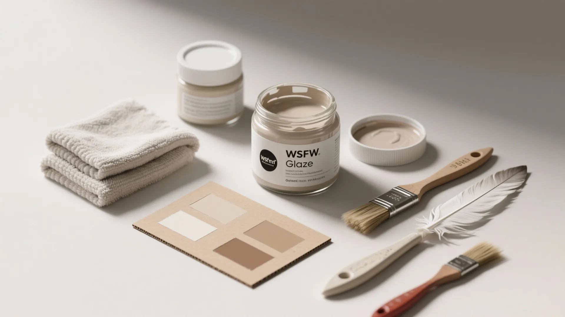Interior painting tools including glaze jar brushes color samples white cloth and white bird feather