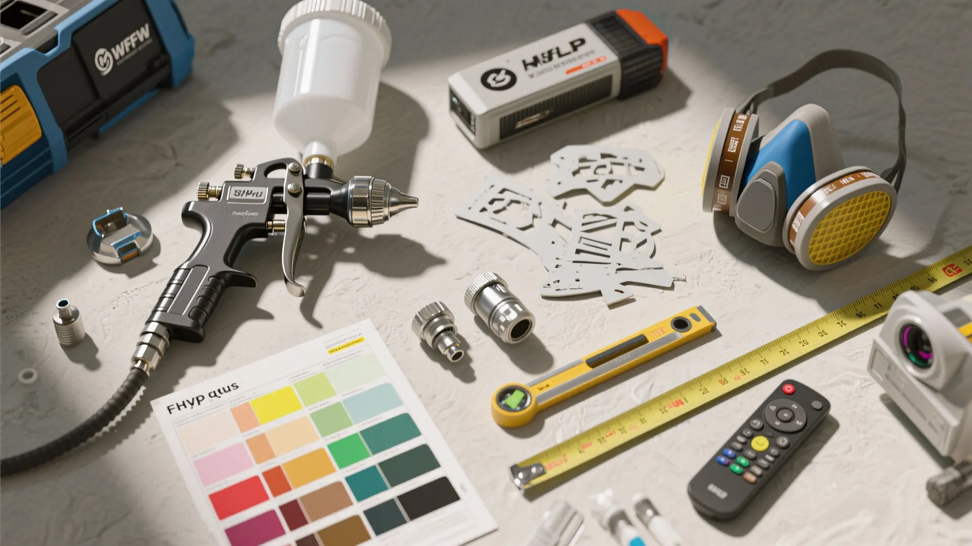 Top-down arrangement of machine painting tools: sprayer components, projector remote, CNC stencil samples, respirator and swatches.