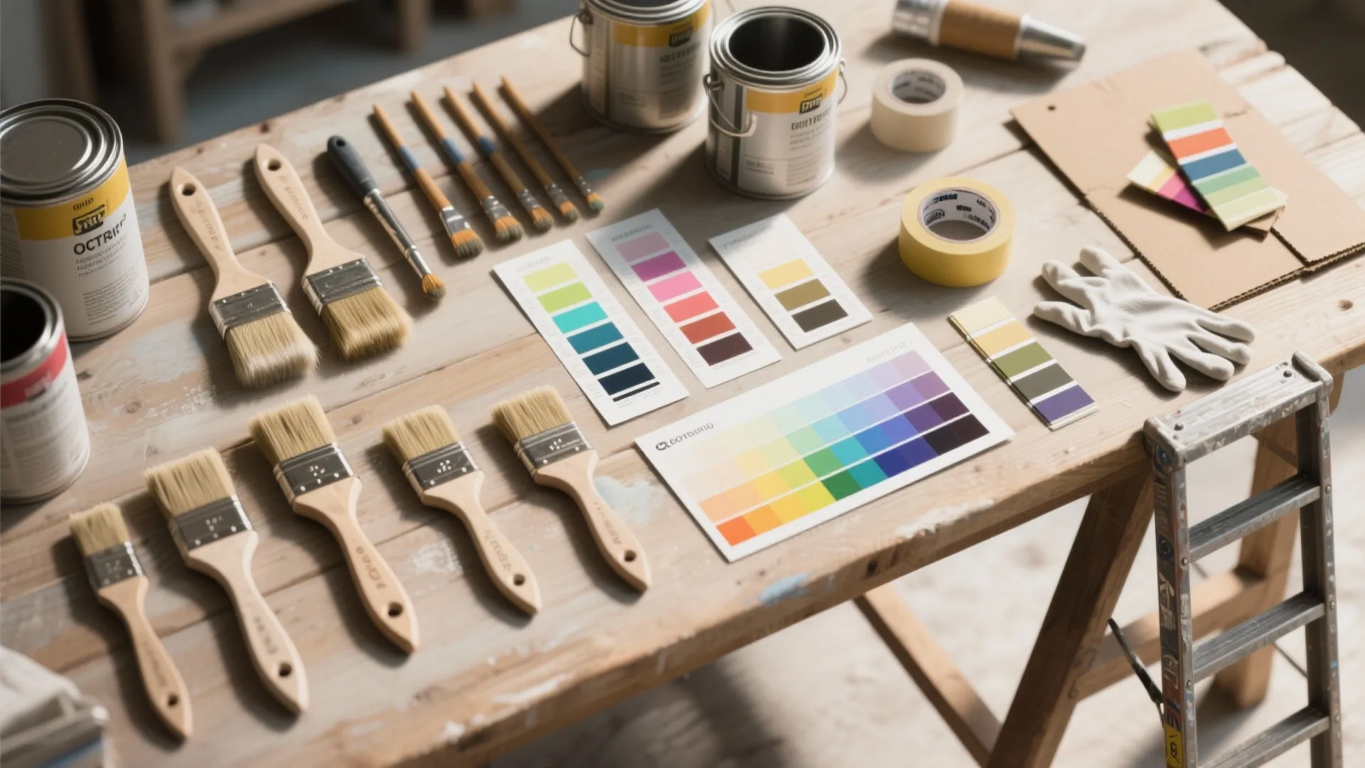 Painting tools with brushes paint cans color swatches and tape on a wooden work table