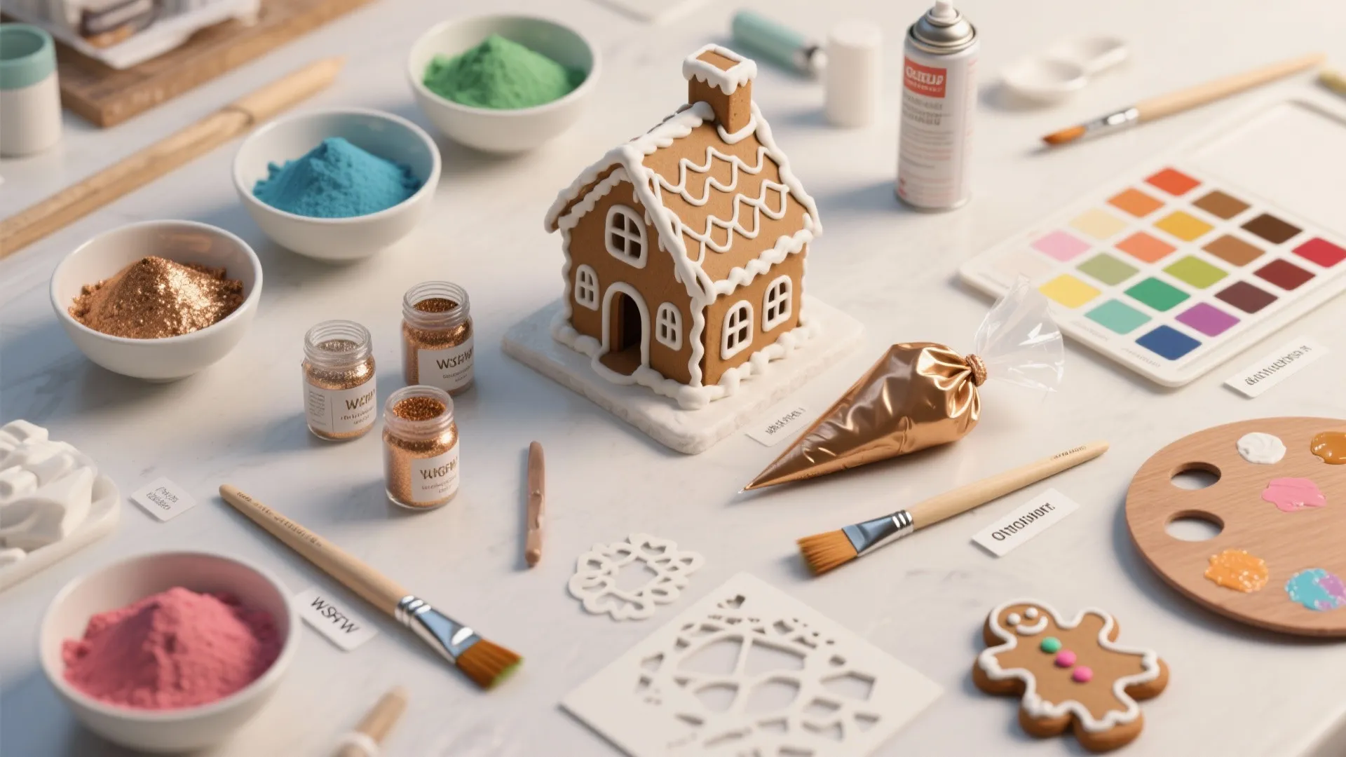 Table with gingerbread house craft supplies including colorful powders brushes paint palette and small icing bottles