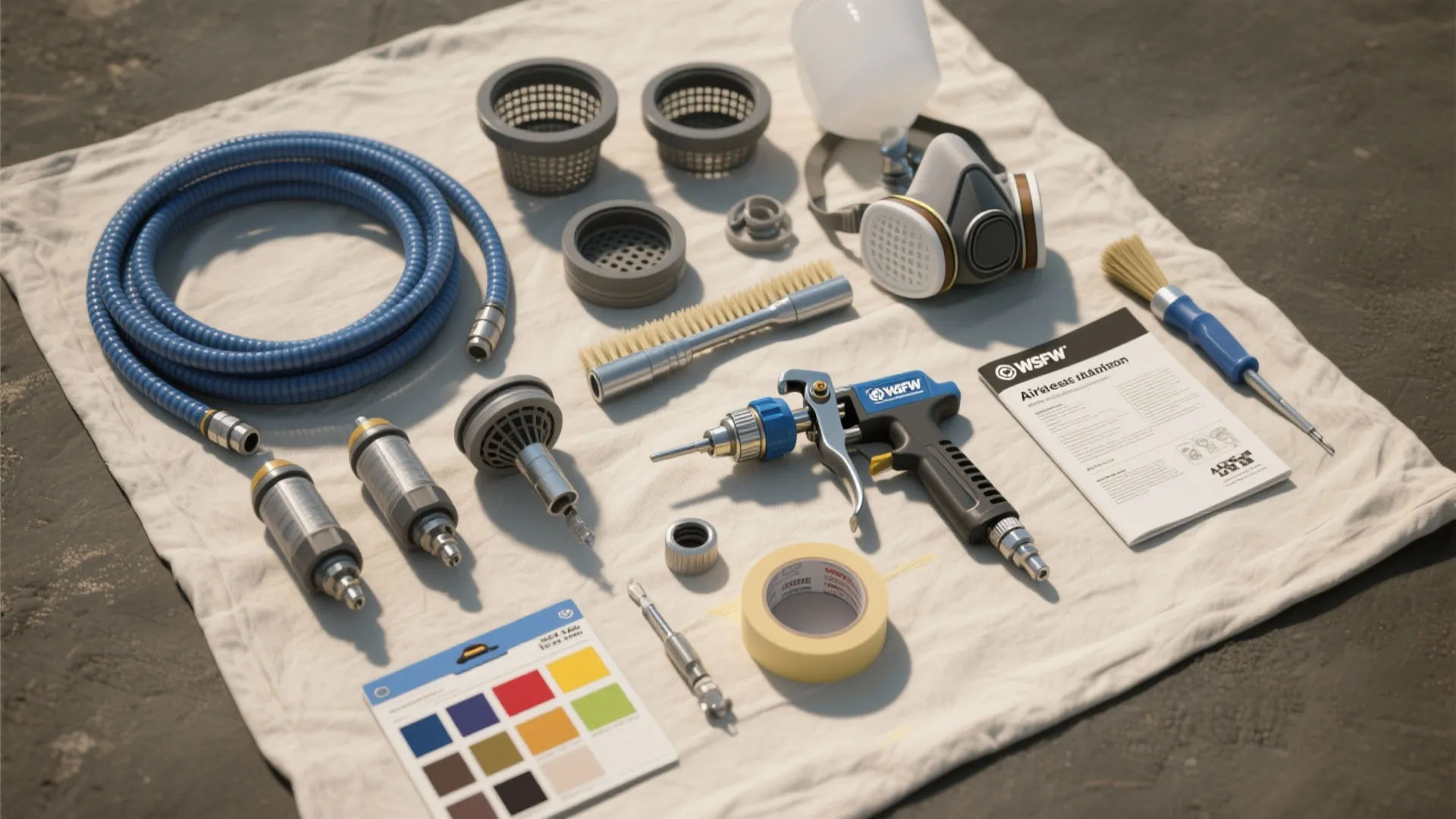 Painting tools including spray gun blue hose brush mask tape and color cards on white cloth