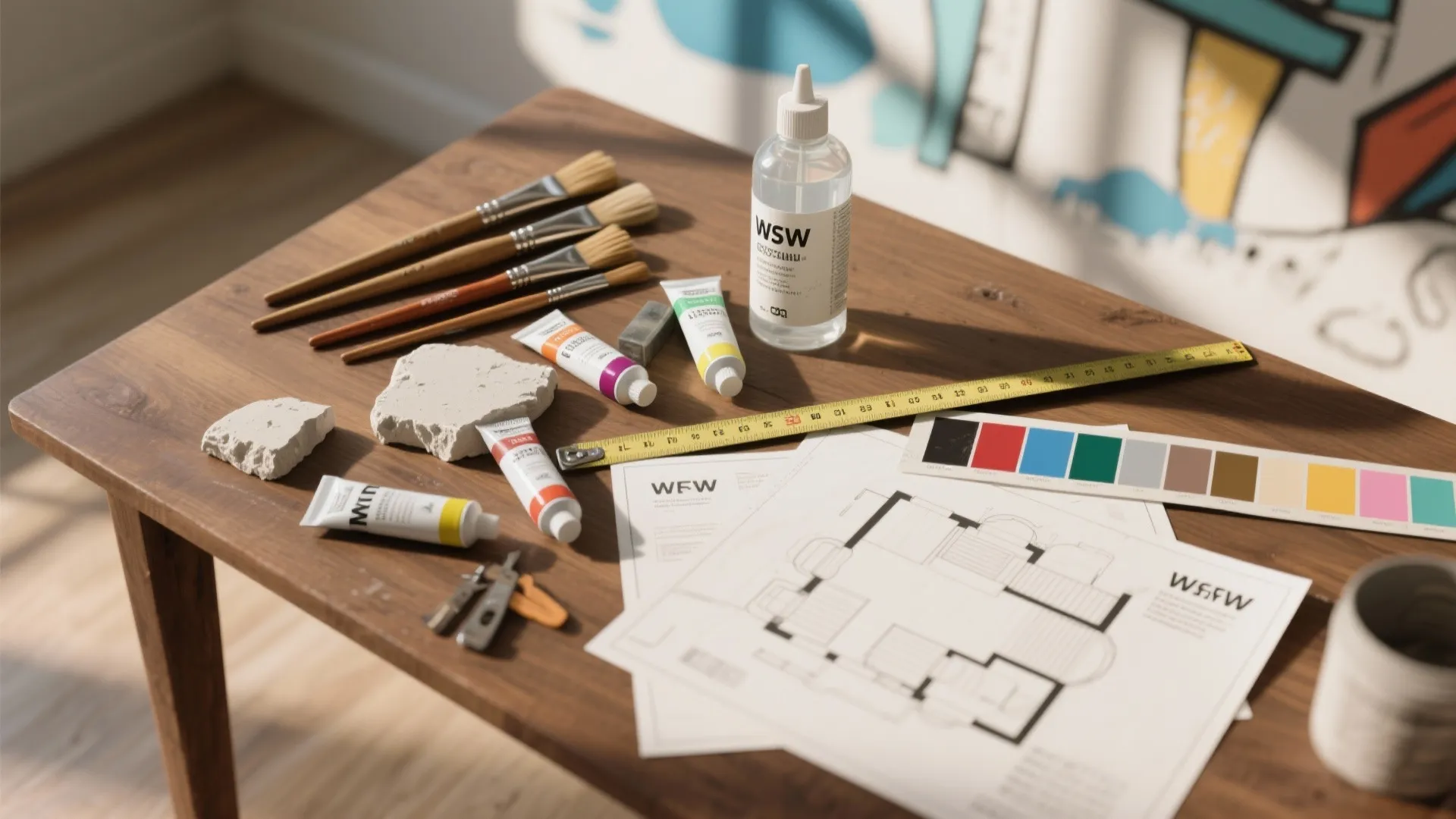 Top-down flatlay of mural tools: brushes, paints, plaster samples and a floor plan for planning 3D wall art.