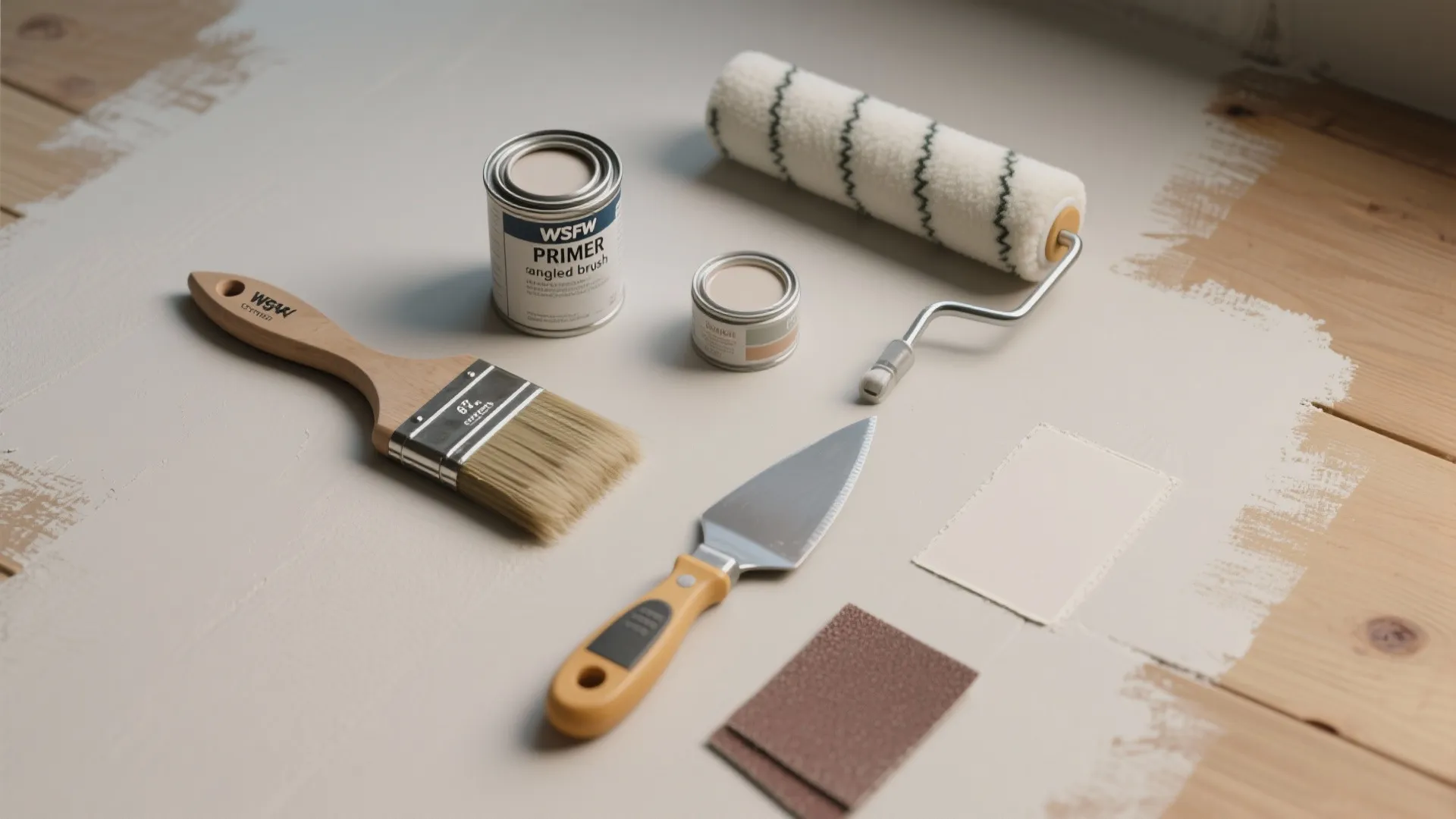Home painting tools including a paint roller brush metal scraper primer can and sandpaper sheets