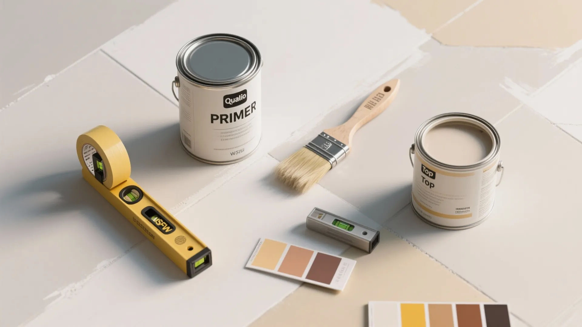 Collection of painting tools including paint cans paint brush level and color swatches on floor tiles