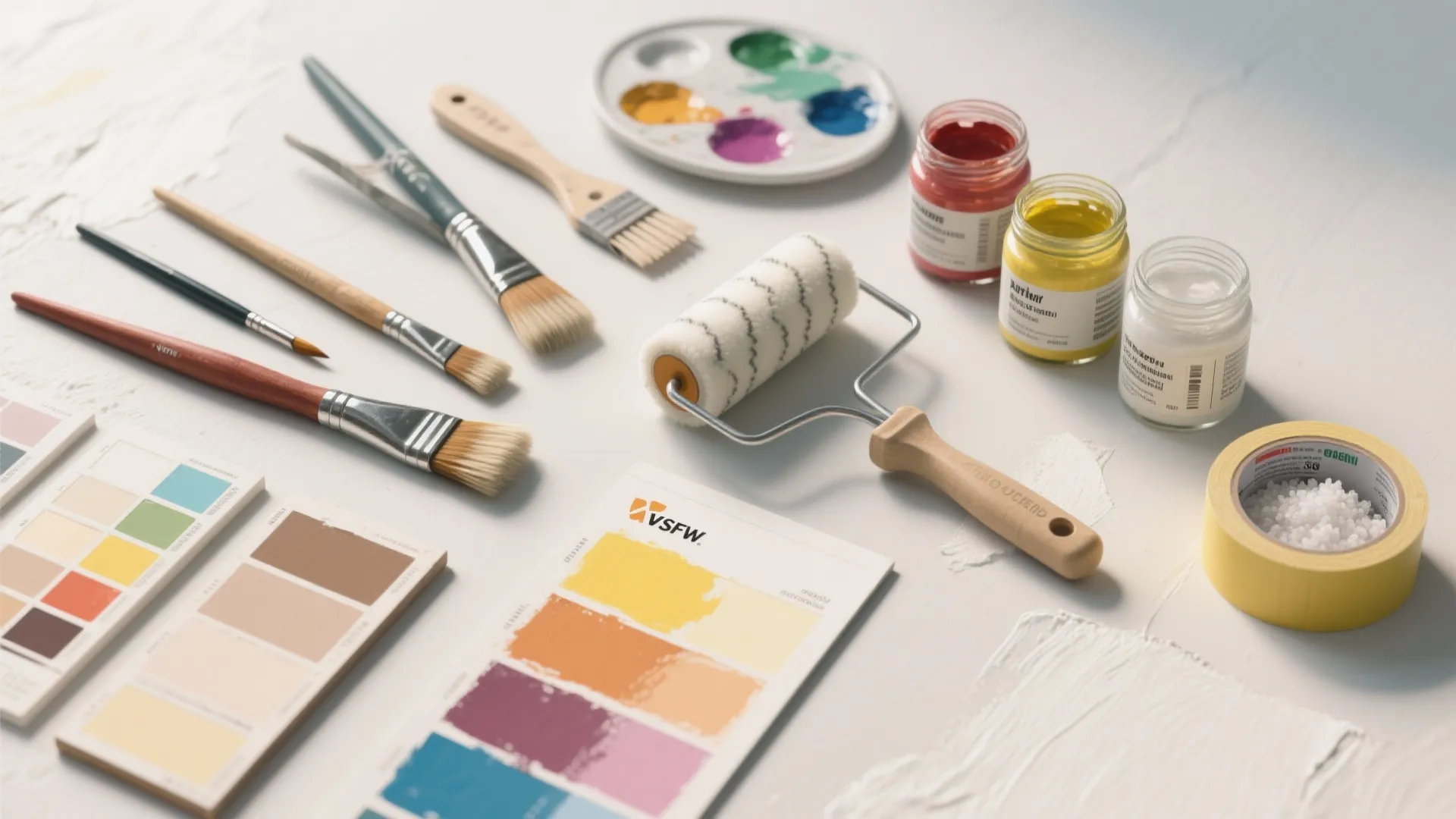 Flatlay of painting tools including brushes paint roller color palettes and small jars of paint