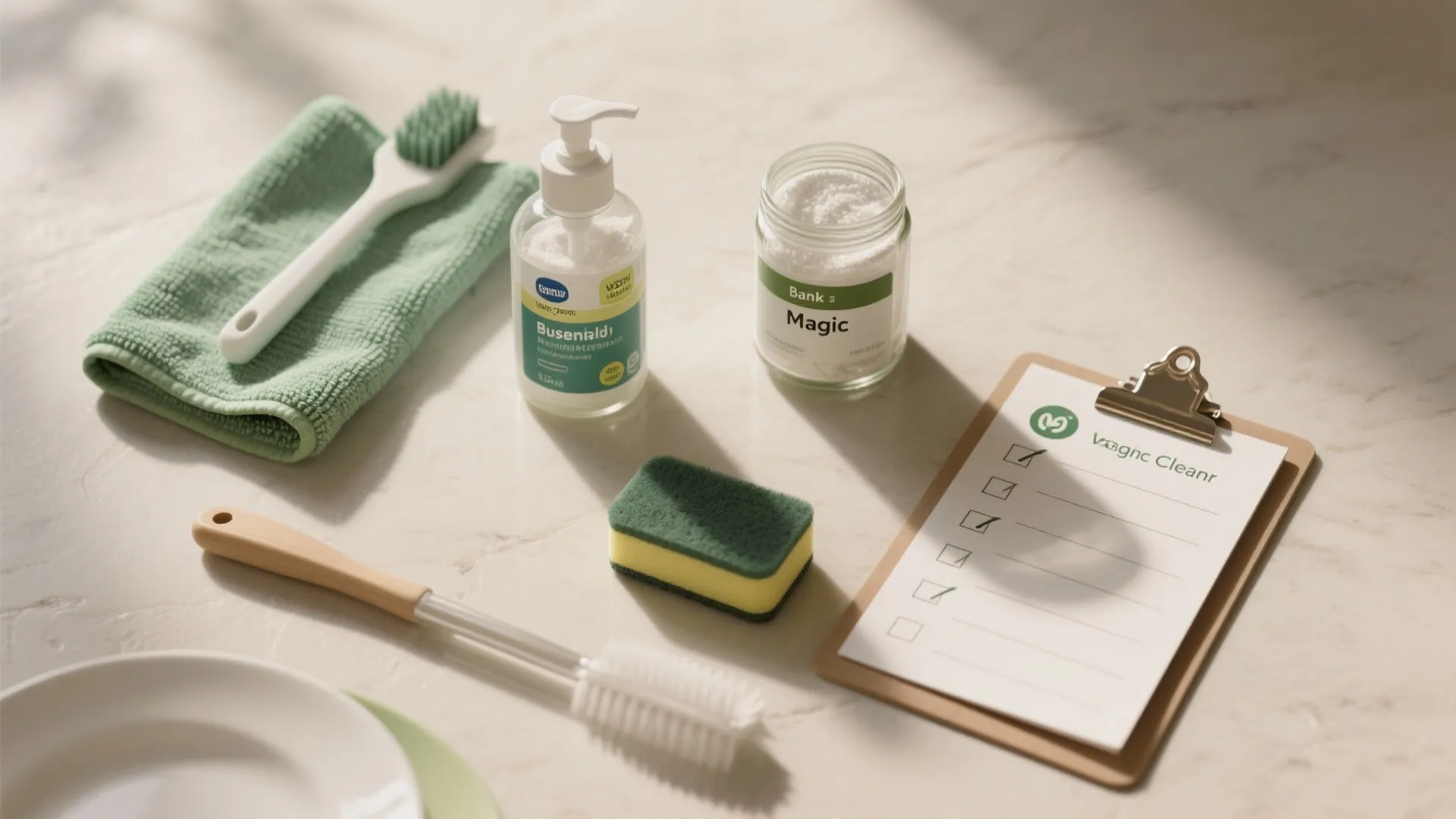 Cleaning supplies including brush sponge cloth soap and a checklist on a white marble table top