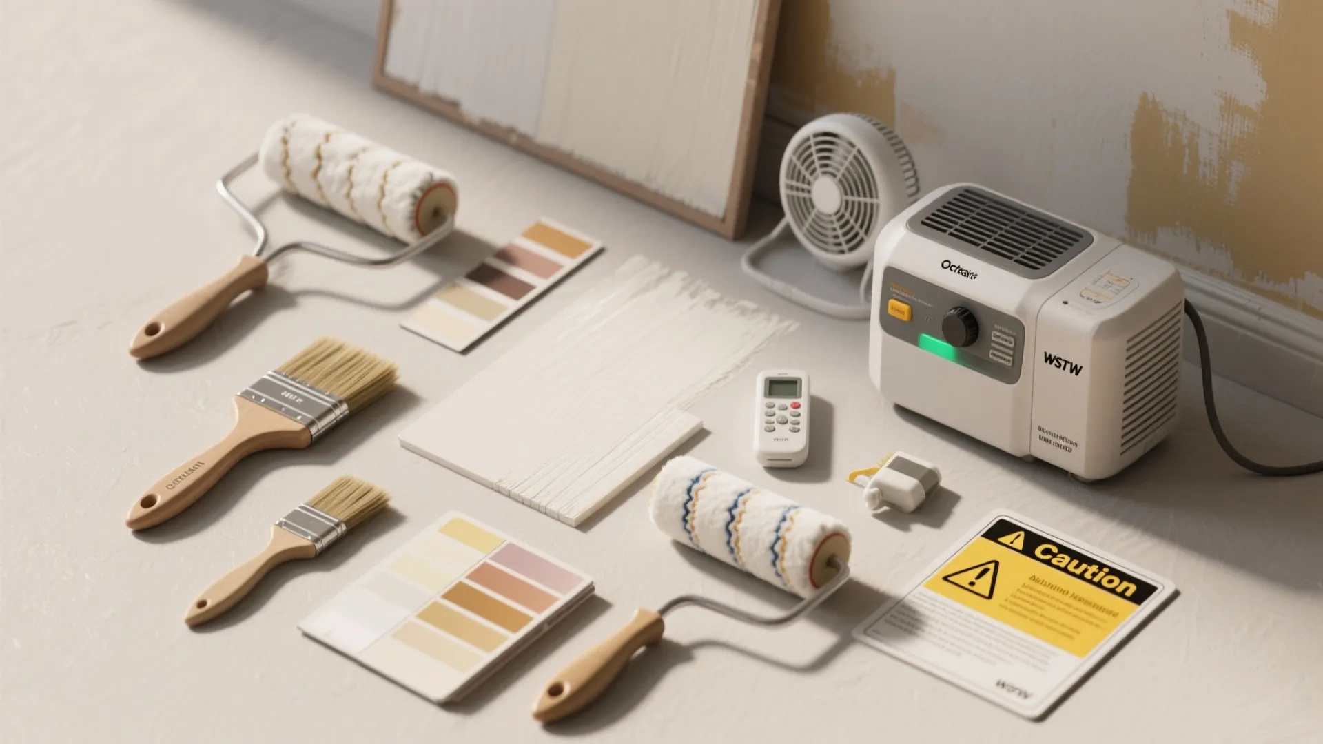 Collection of painting tools including rollers brushes color palettes a small heater and caution sign