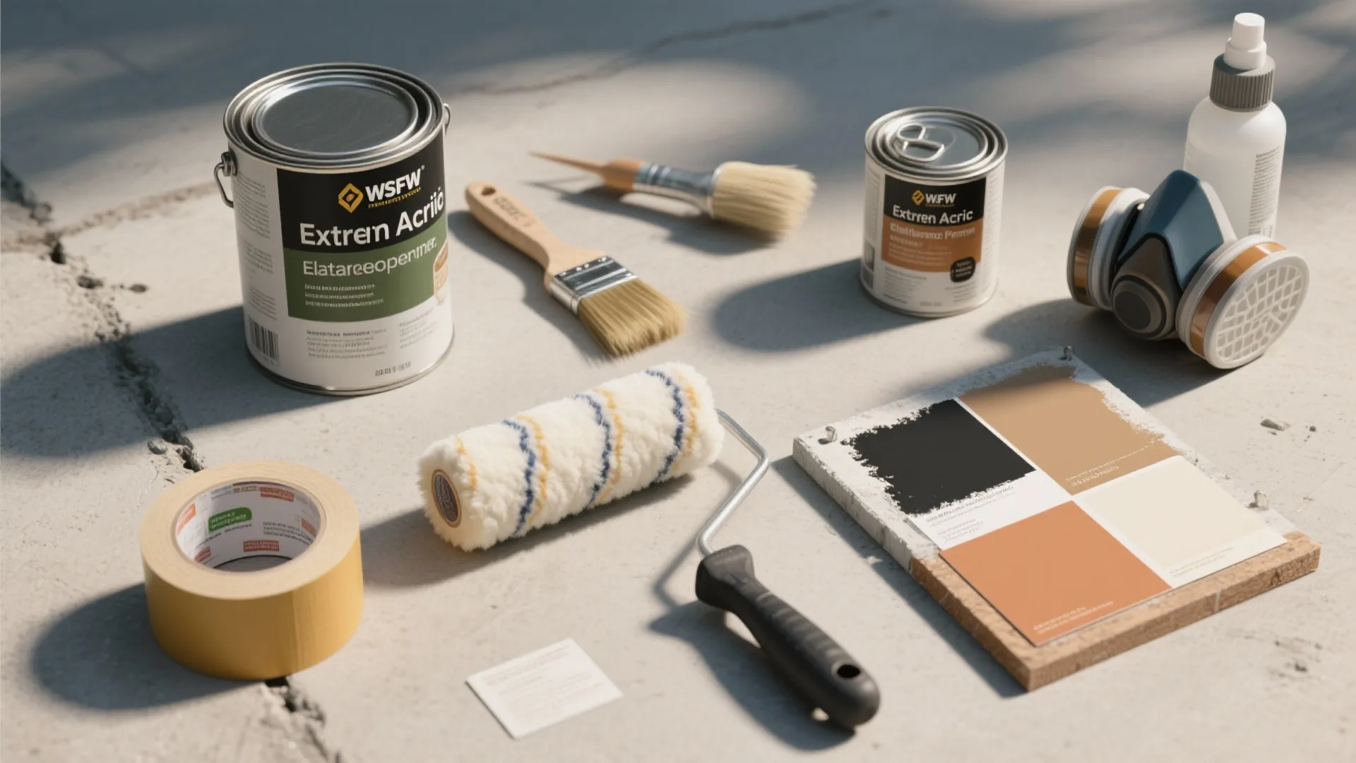 Home painting kit with paint cans brushes roller tape color swatches and a safety mask