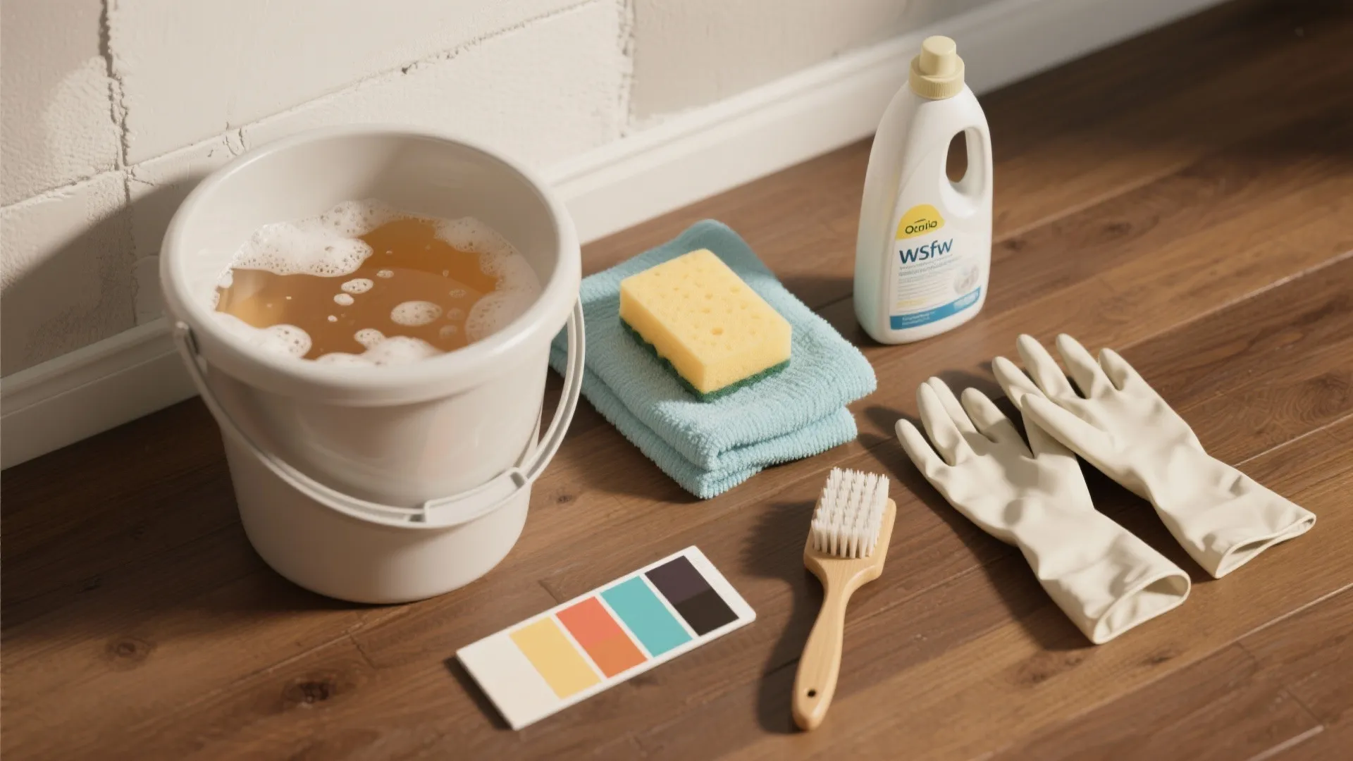 Cleaning supplies including bucket sponge towels bottle gloves and brush arranged on a wooden floor