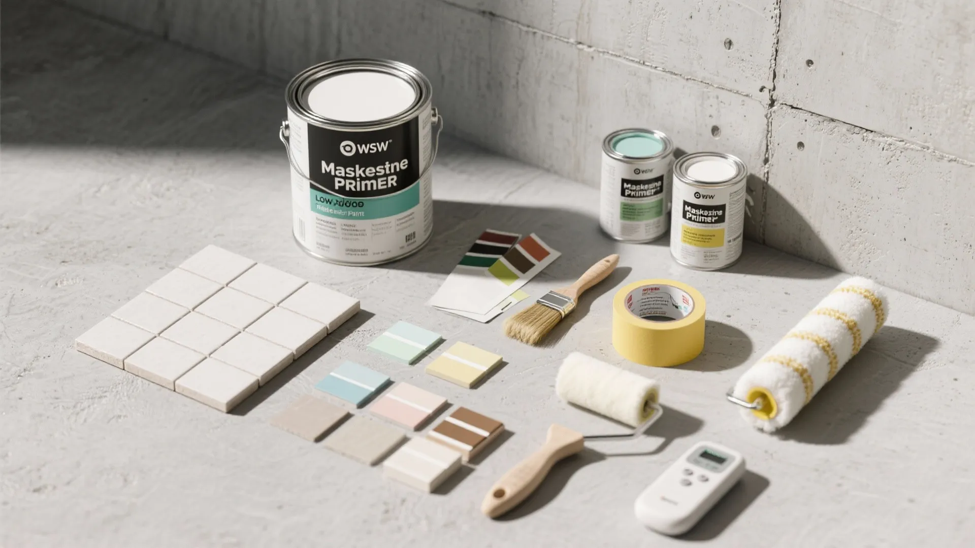 Top-down flatlay of masonry primer, low-VOC paint cans, rollers, swatches and tools for concrete wall prep.