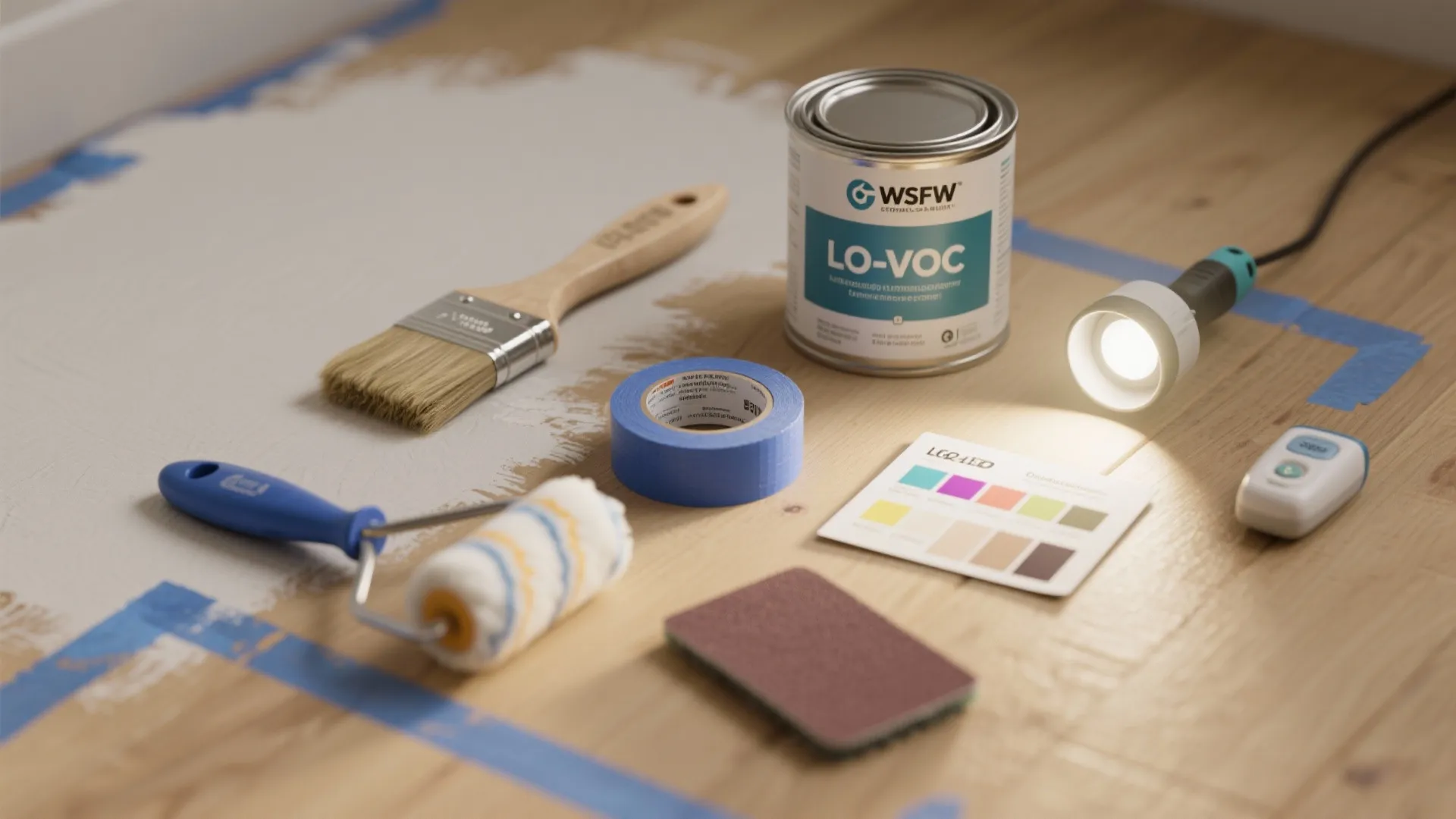 Painting tools including paint can brush roller tape and color swatches on a wooden floor