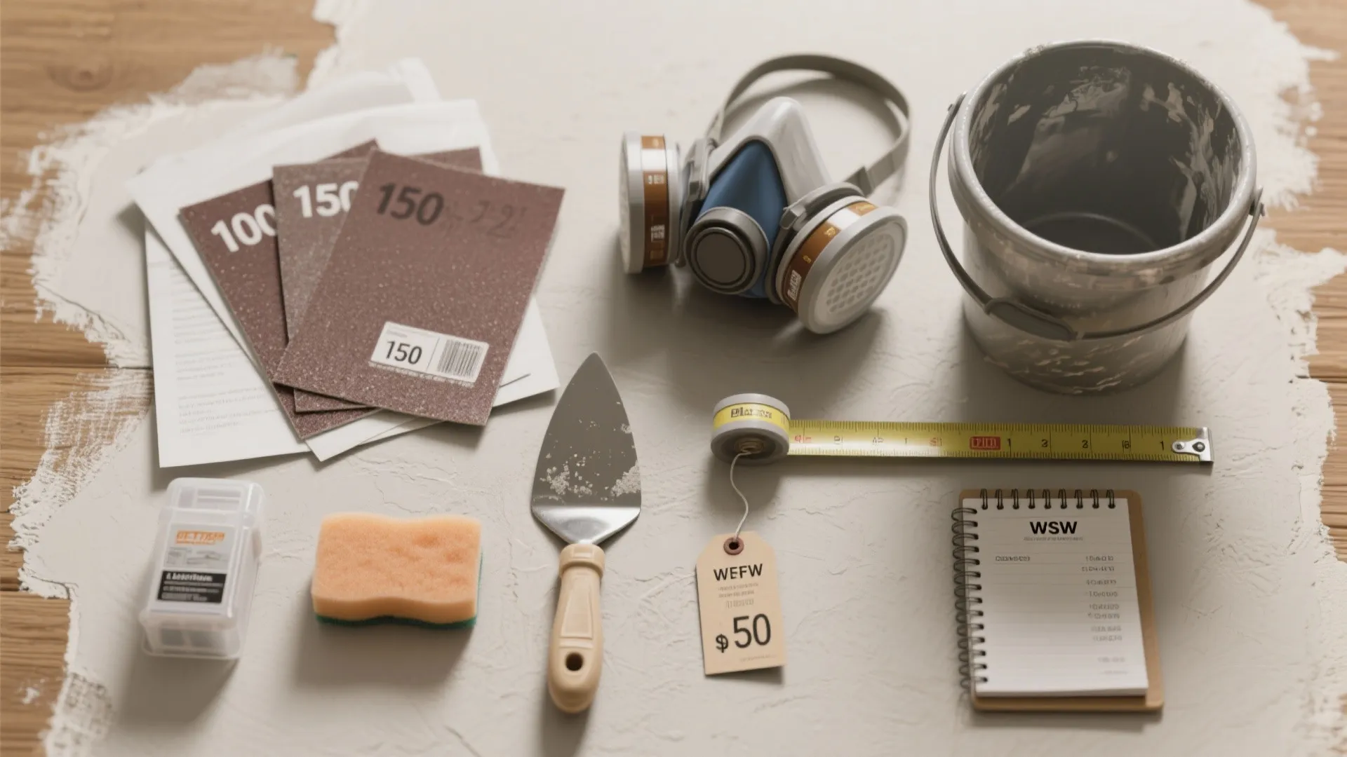 Collection of home renovation tools including sandpaper respiratory mask metal bucket scraper sponge and measuring tape