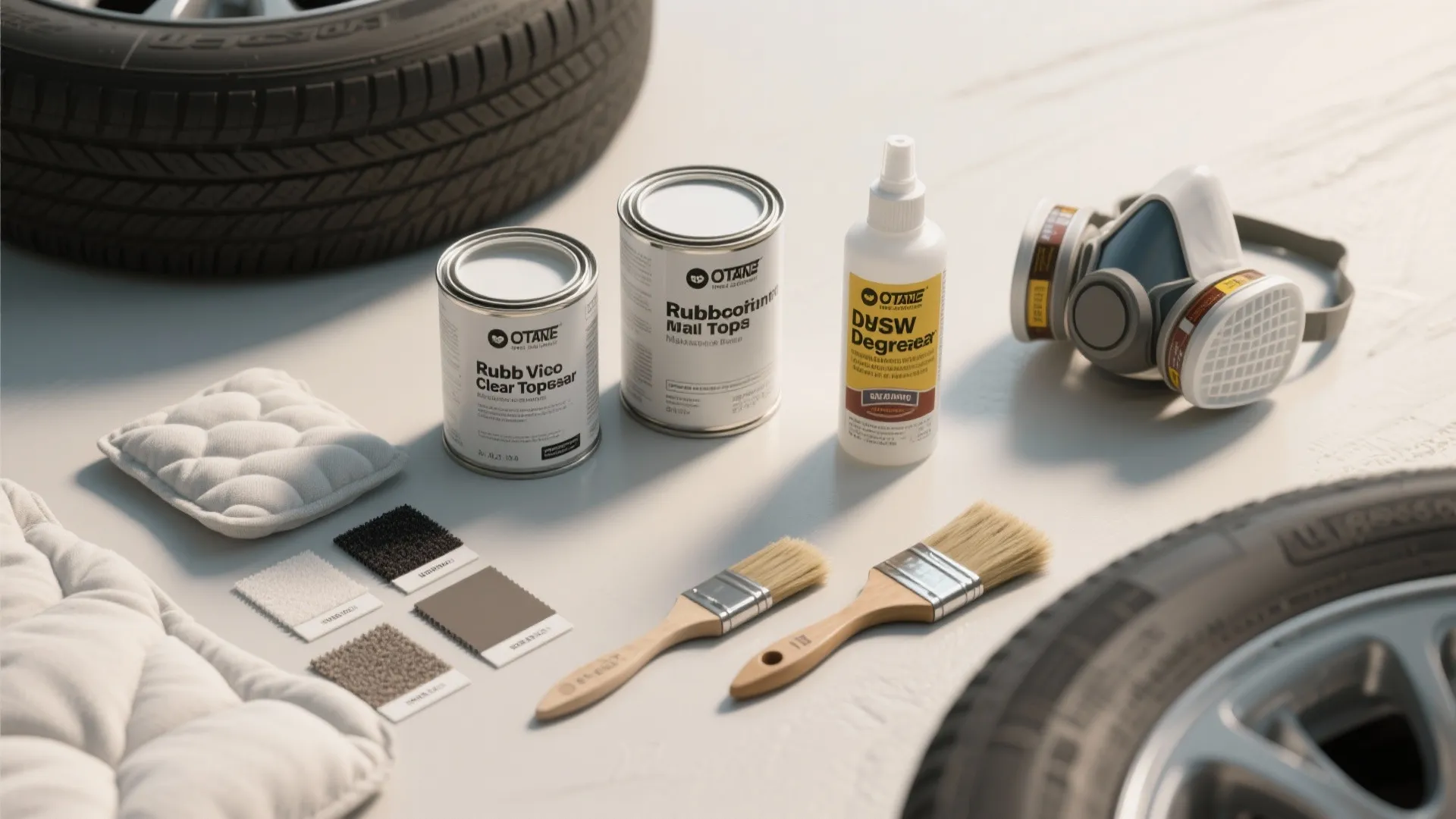 DIY tools with paint cans brushes and safety mask arranged on table for painting project