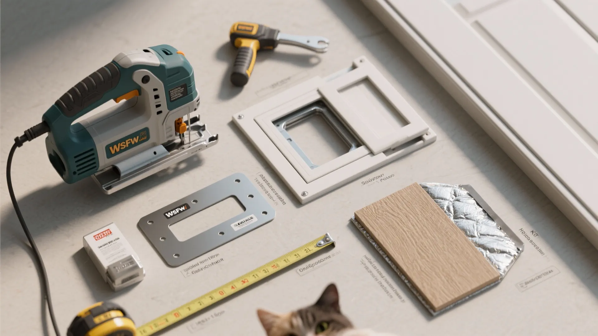 Collection of home improvement tools including power saw tape measure and pet door components on floor