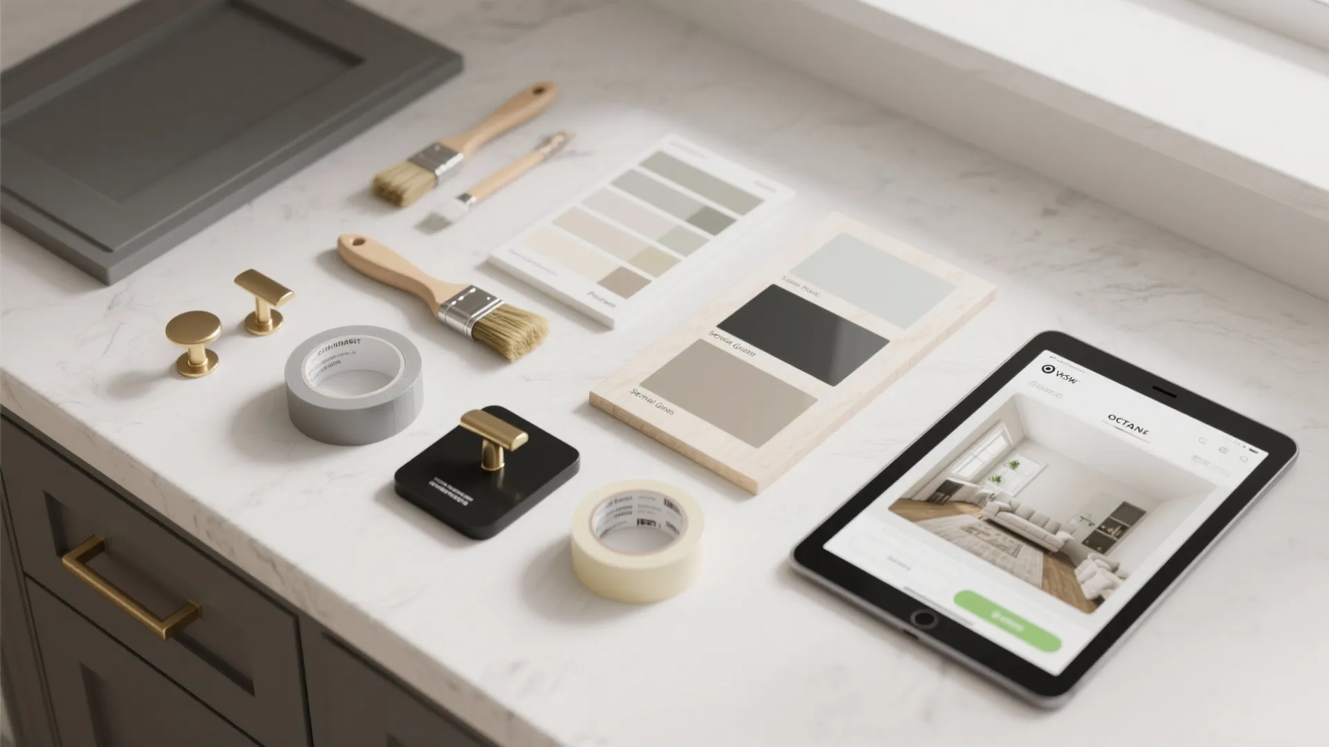 Flatlay of paint swatches, brushes, hardware samples and a tablet showing a cabinet color planner.
