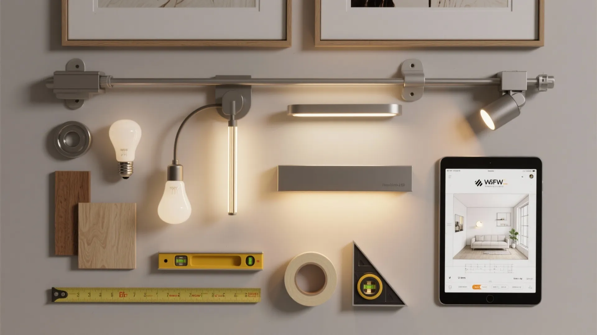 Top-down flatlay of lighting samples and installation tools including LEDs, swing-arm sample, track head, measuring tape, and a tablet room planner.