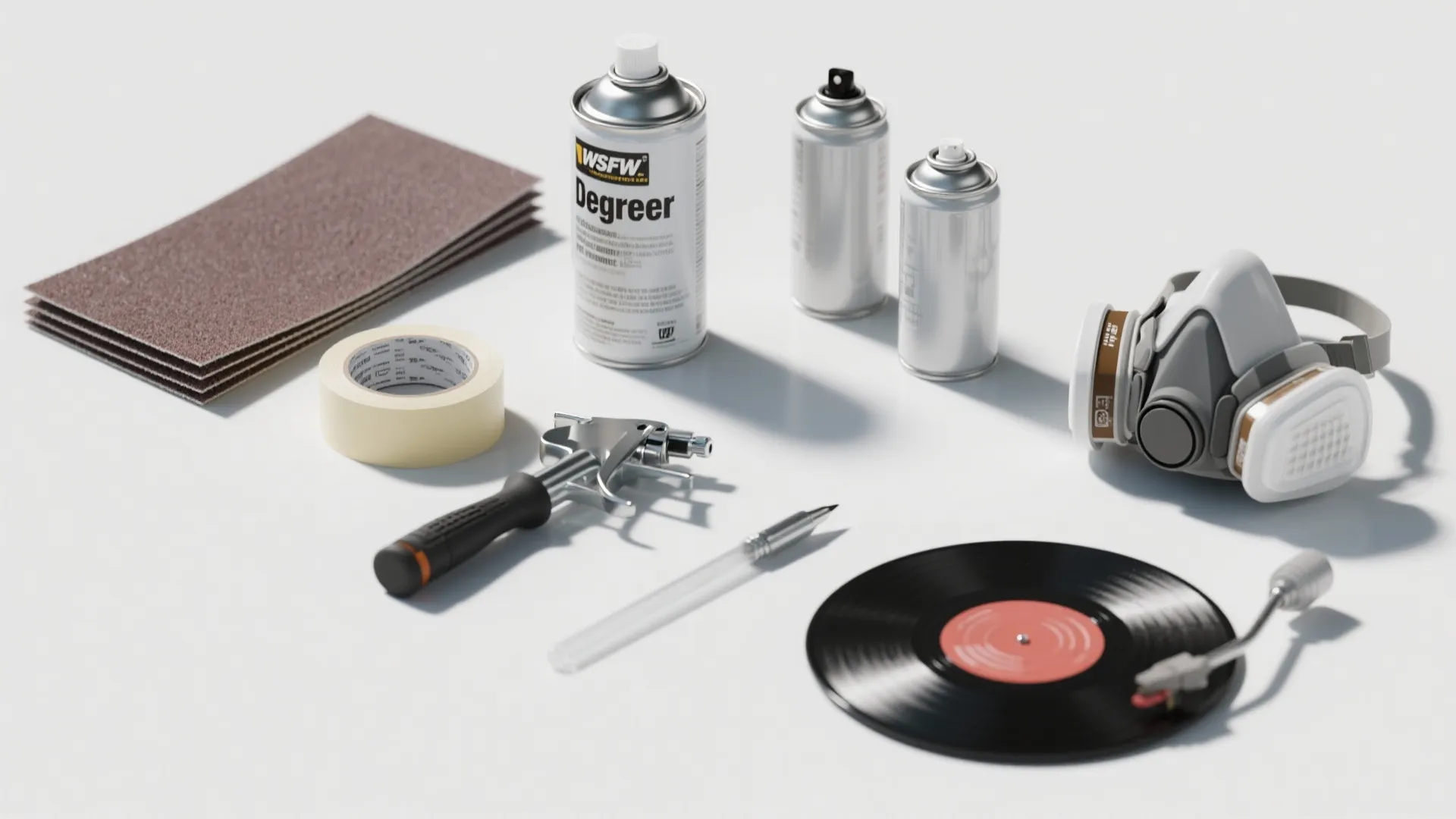 Flatlay of spray-painting supplies: sandpaper, degreaser, primer, spray cans, clear coat, and respirator.