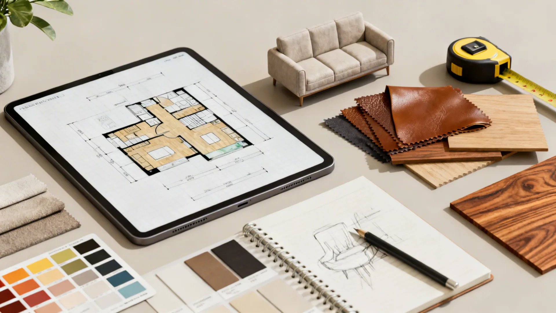 Flatlay of design tools: floor planner on tablet, leather and wood swatches, measuring tape and sketches.