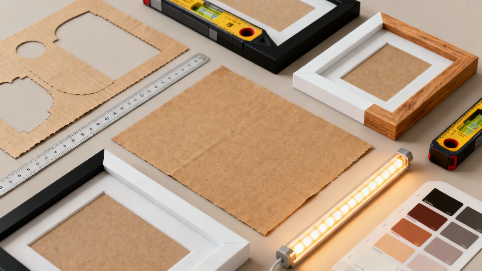 Top-down flatlay of templates, level, frames and LED samples for planning a photo wall.
