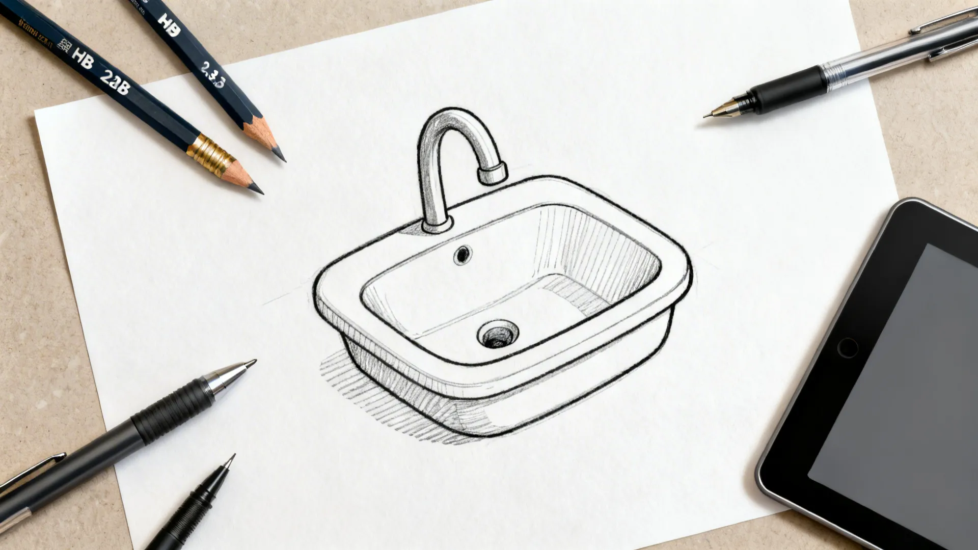 Top-down flat lay of pencils, pens, Bristol paper, and a simple cartoon sink sketch demonstrating line weights.
