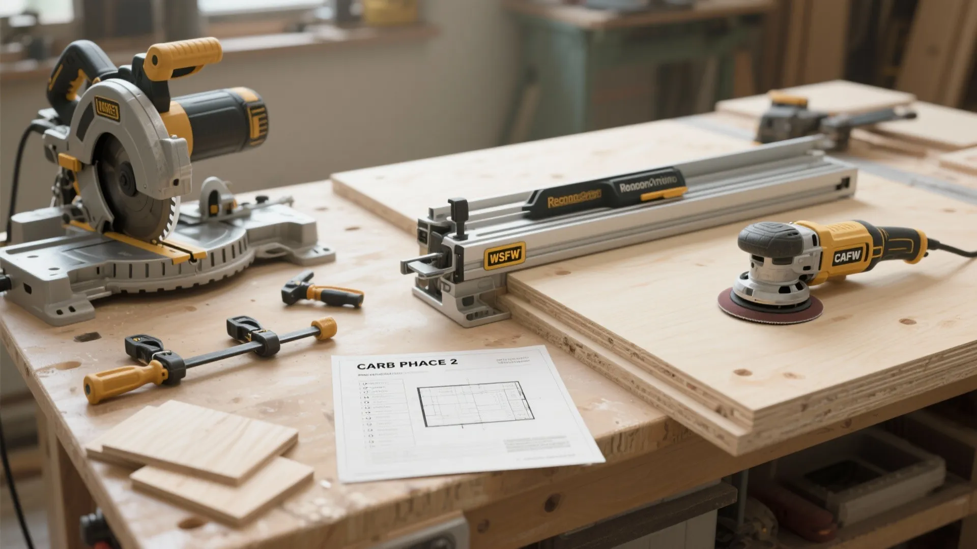 Woodworking workshop table with electric saw sander clamps and a printed interior design floor plan