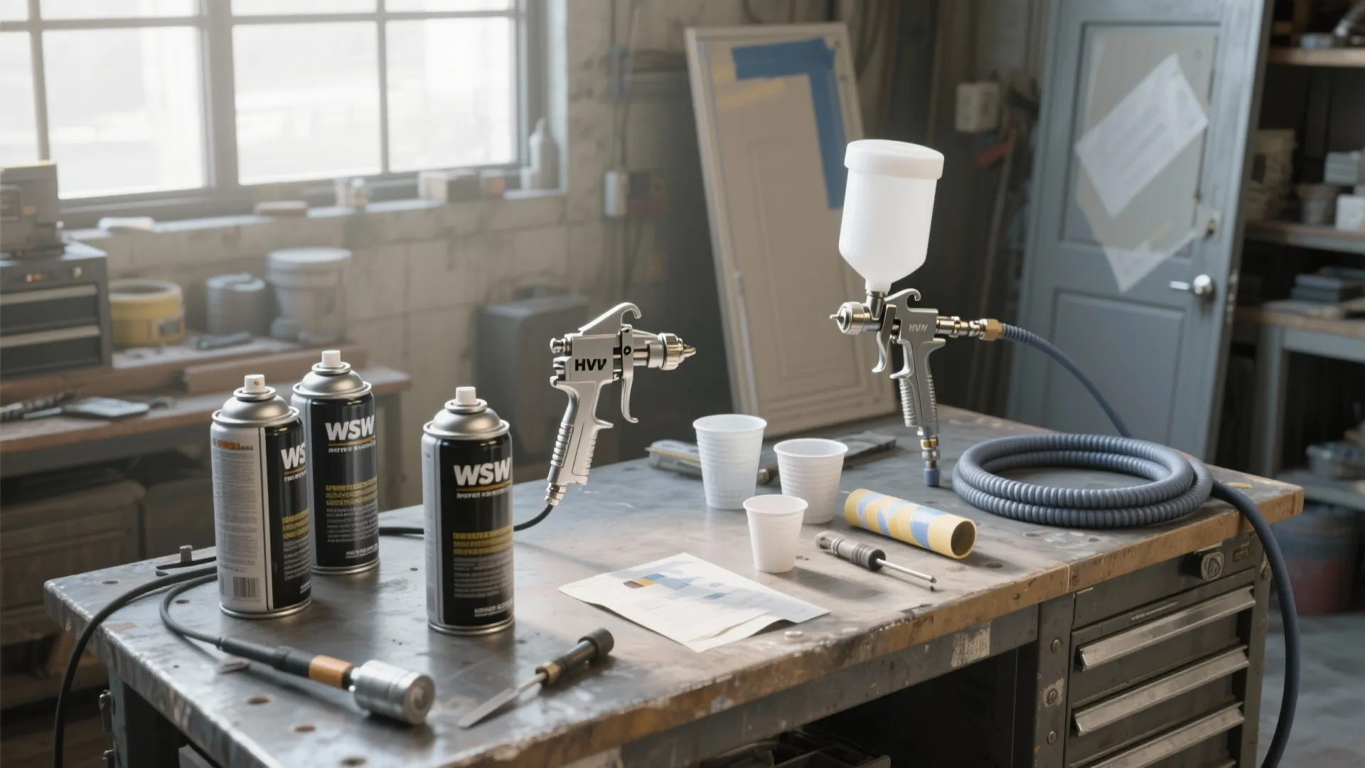 Workshop workbench with spray guns cans of paint plastic cups and tools for furniture painting