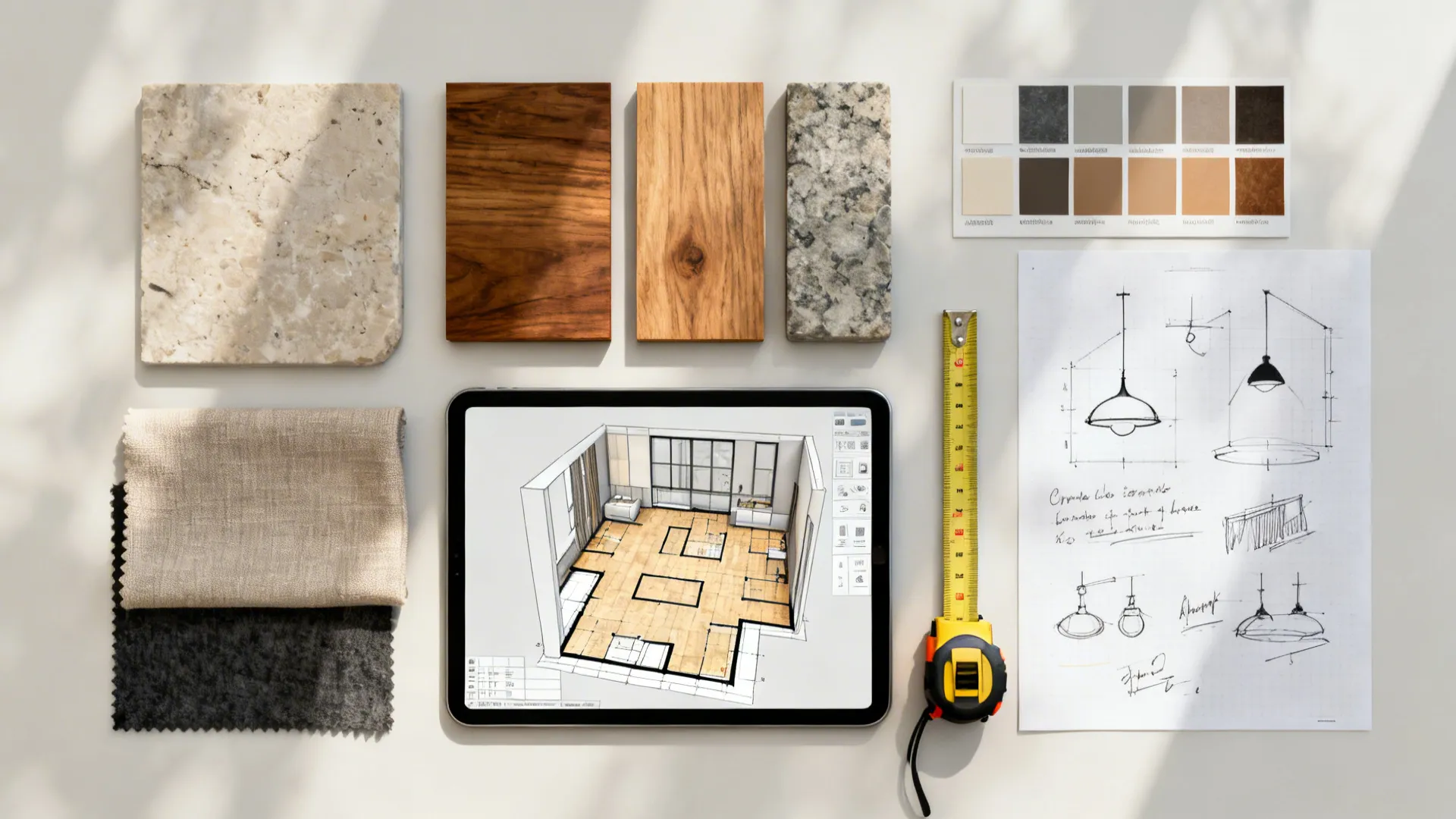 Flatlay of a tablet with a 3D floor planner and material swatches for open-plan design mockups