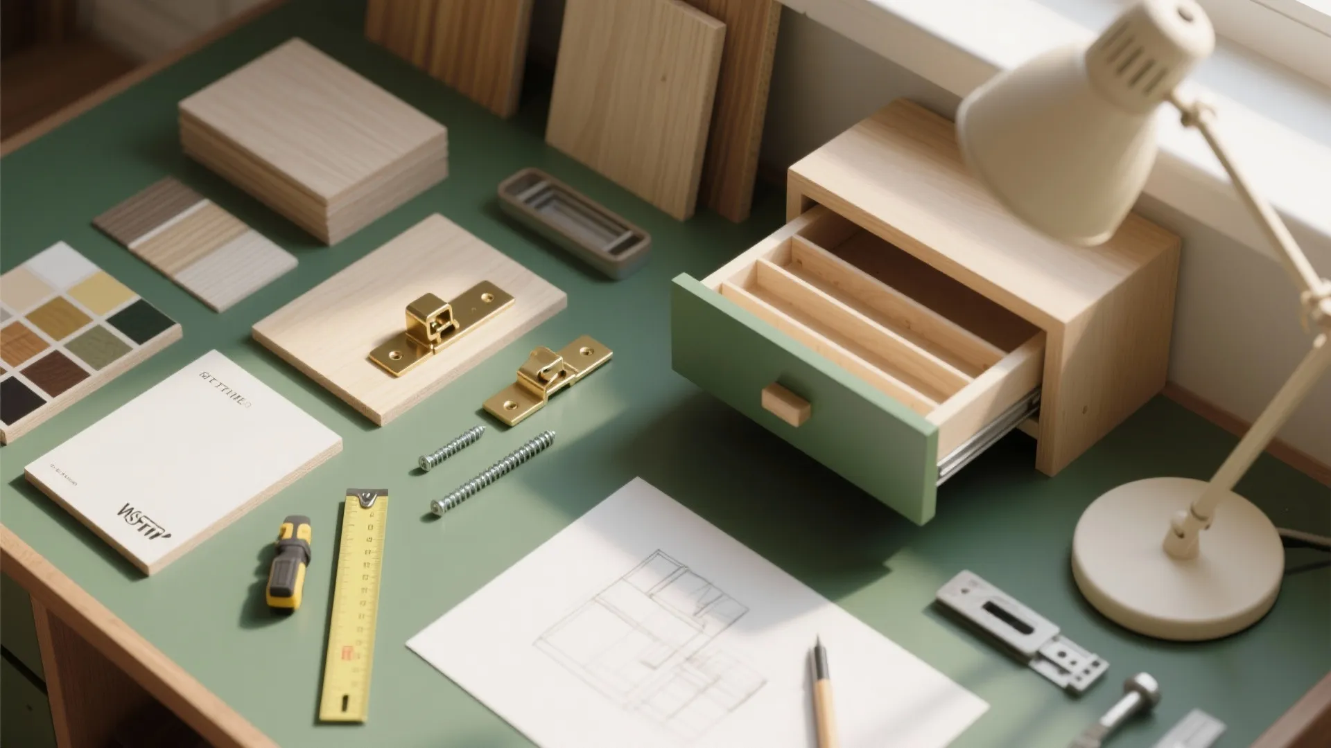 Table with wood pieces color samples screws ruler interior design drawing and small green wooden drawer