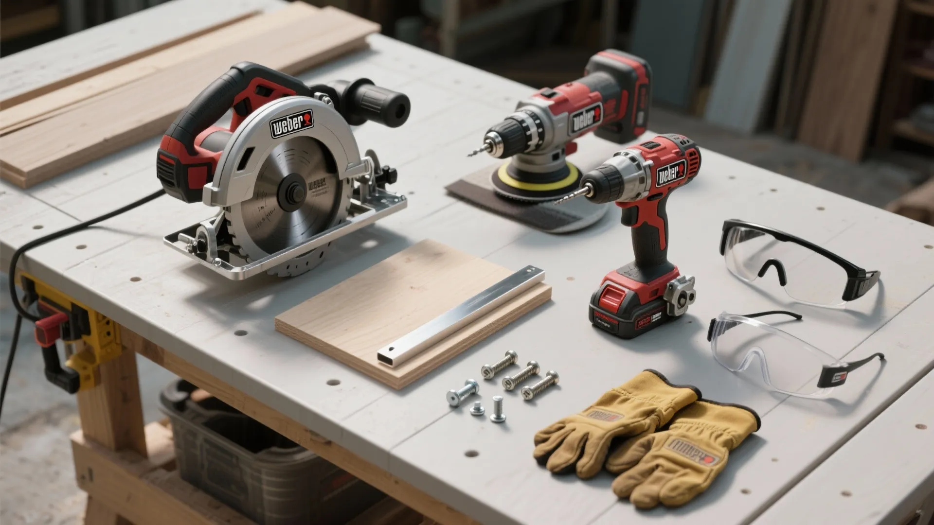 Workshop table with circular saw electric drills safety glasses gloves wood pieces and metal screws