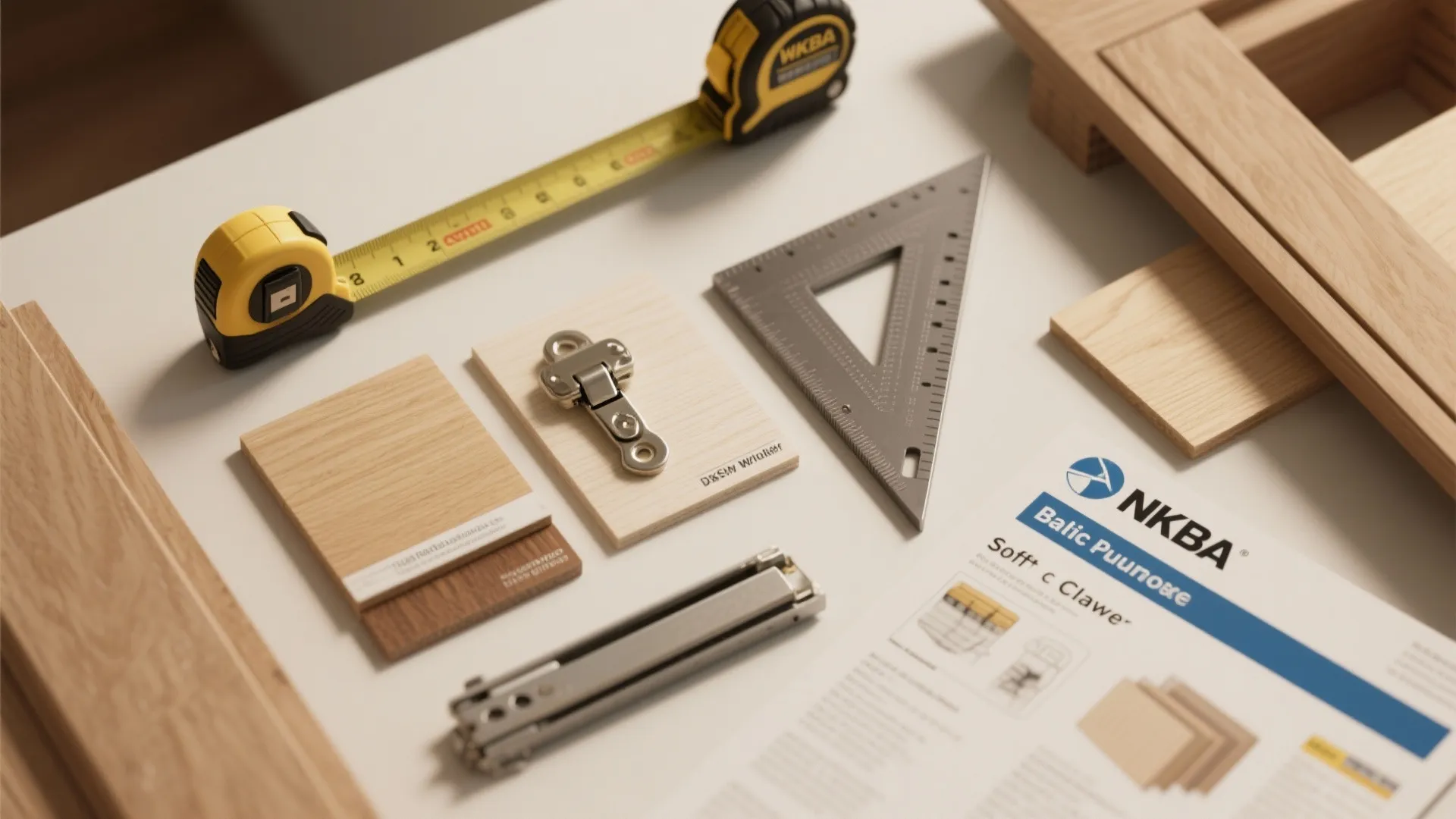 Measuring tape, triangle ruler, metal hinges, and wood samples on a white table for carpentry