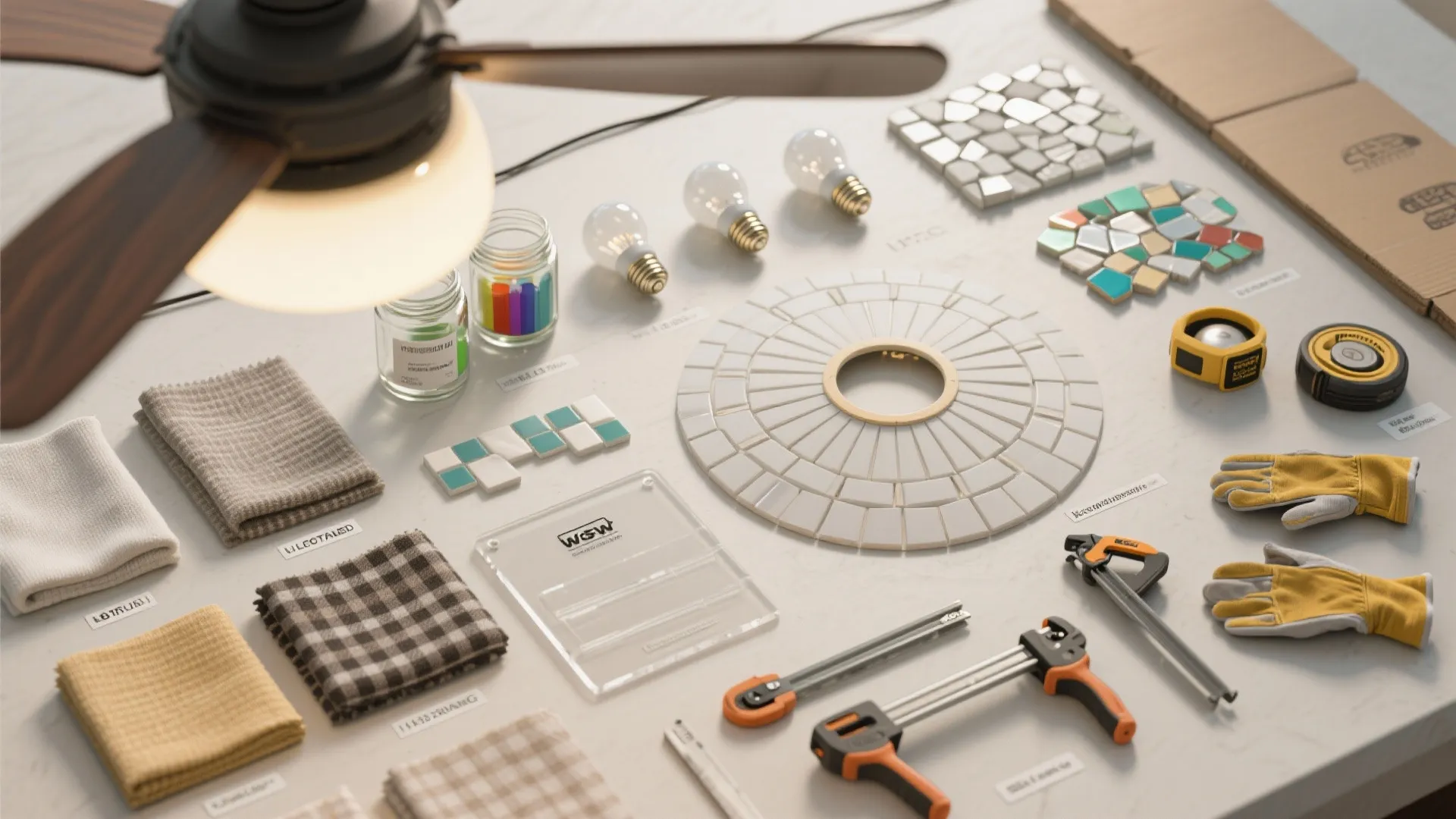 Work table with light bulbs and colorful tiles plus fabric samples and yellow work gloves and tools