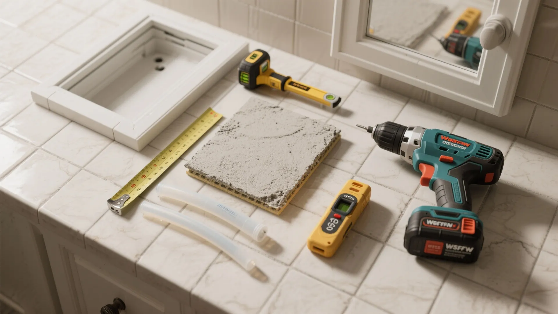 Various home renovation tools including a power drill measuring tape and level on white tiles