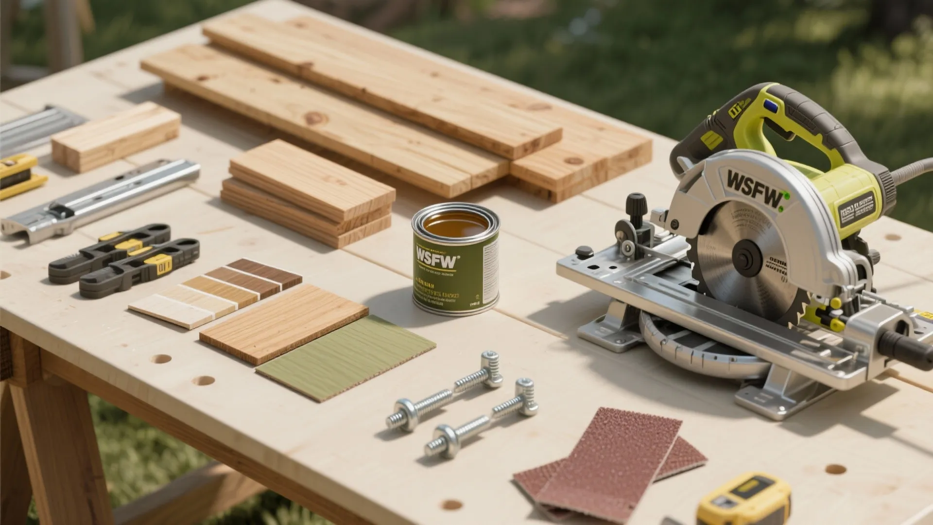 Flatlay of rot-resistant wood samples, stainless hardware, tools, and finish options for an outdoor farm table build.