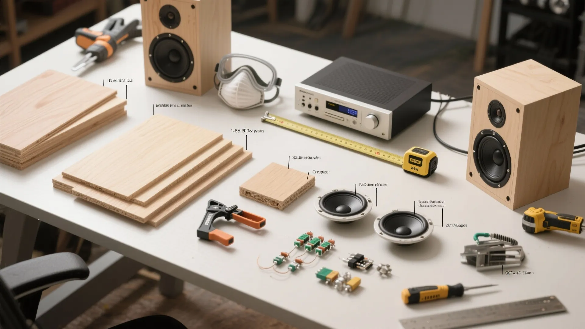 Top-down layout of woodworking tools, MDF and Baltic birch samples, crossover parts and safety gear for DIY speaker builds.