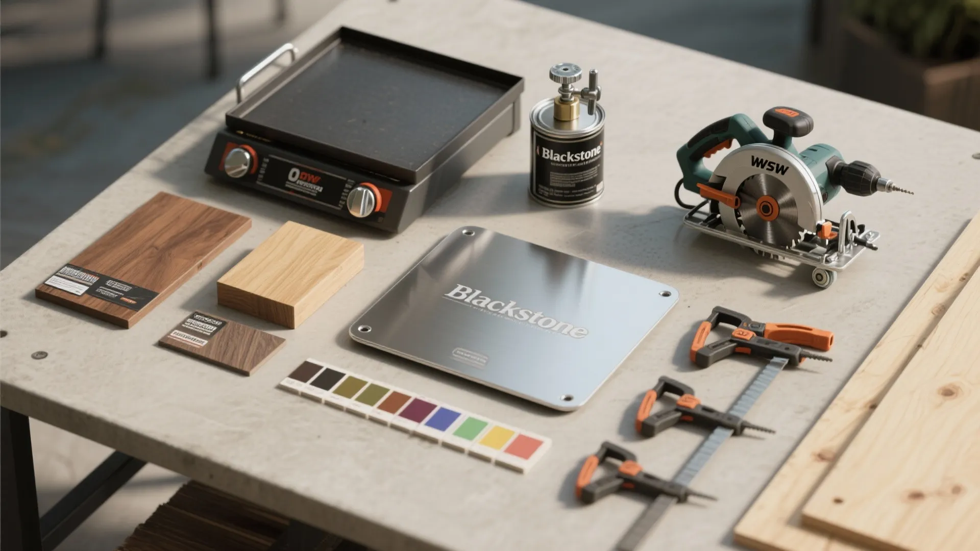 Table with power saw and wood samples and metal plate and color palette and clamps
