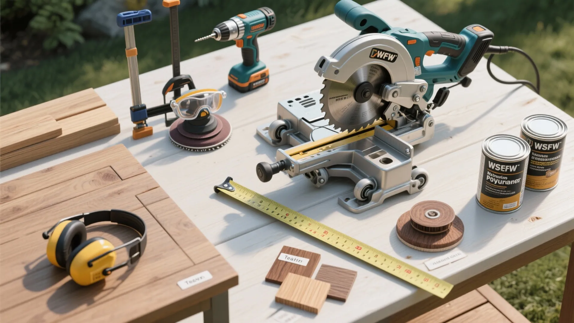 Top-down view of tools and material samples for building and weatherproofing outdoor coffee tables.