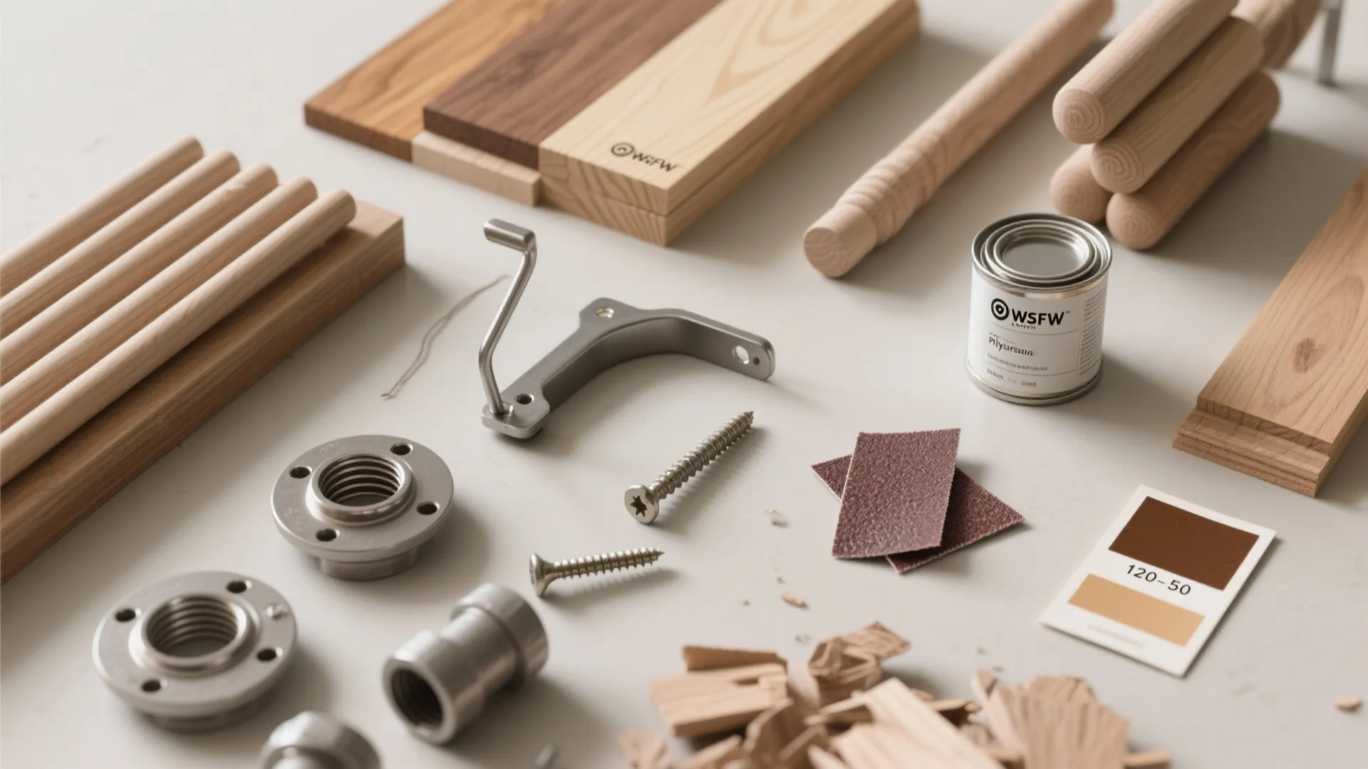 Assorted woodworking materials including wood samples metal screws sandpaper and paint can on white surface