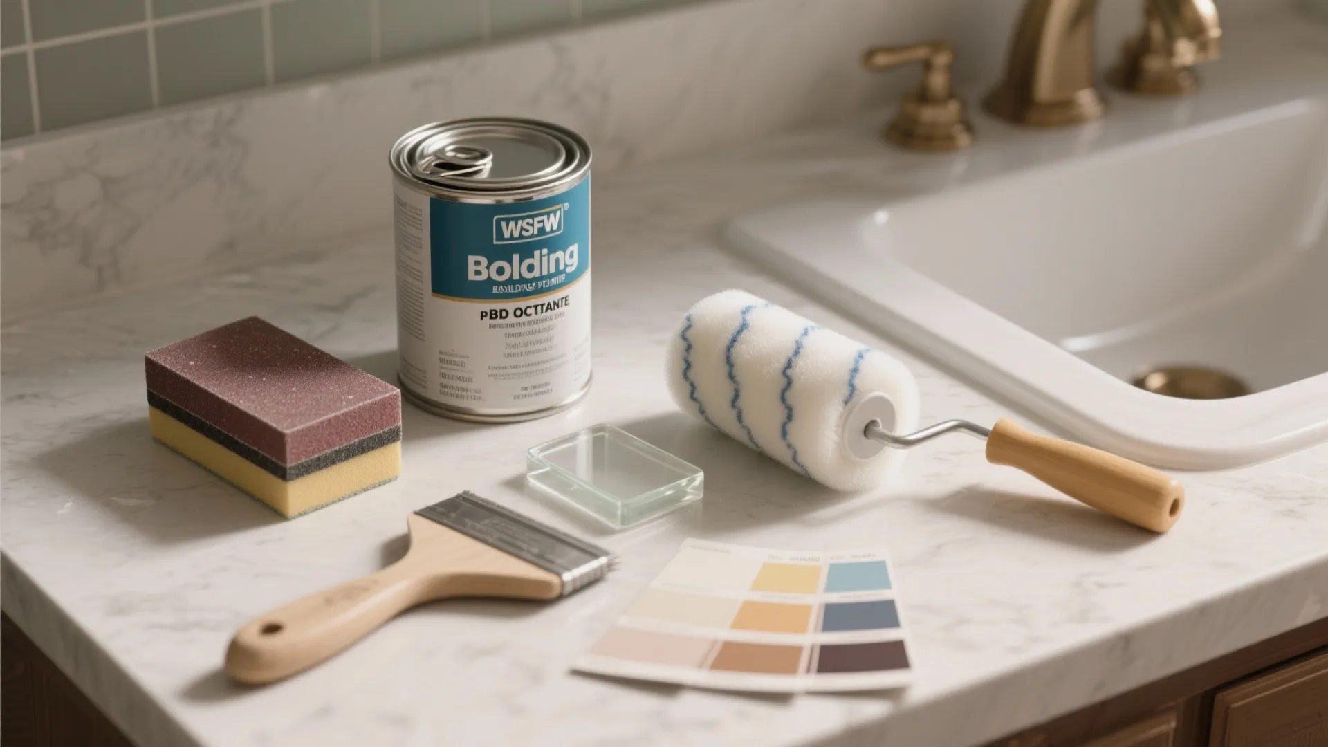 Painting supplies including paint can paint brush roller sponges and color palette on bathroom counter